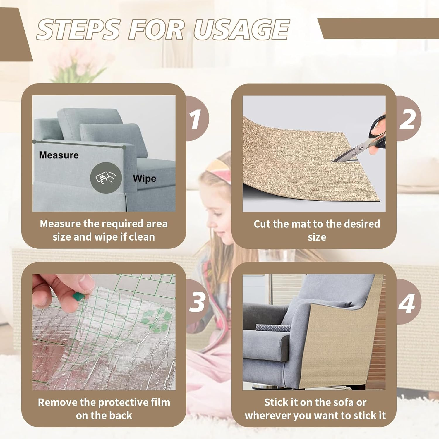 40&times;200Cm Cat Scratch Furniture Protector, Large Cat Scratching Mat, Couch Carpets Protector, Self Adhesive Trimmable DIY Cat Scratch Pad, Durable Cat Tree Replacement Scratching Boards (Dark Grey) - Khaki image number 7