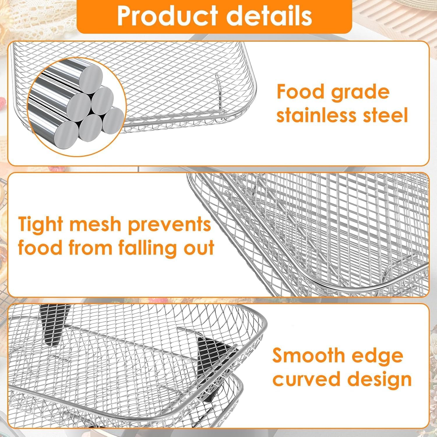3 Layer Air Fryer Rack,8X8 Inch Air-Fryer Rack Accessories with 8 Silicone Feet 1 Anti-Scald Clip,Stainless Steel Grill Dehydrator Rack,Stackable Grill Dehydrator Rack for 5L-7.5L Air Fryers image number 5