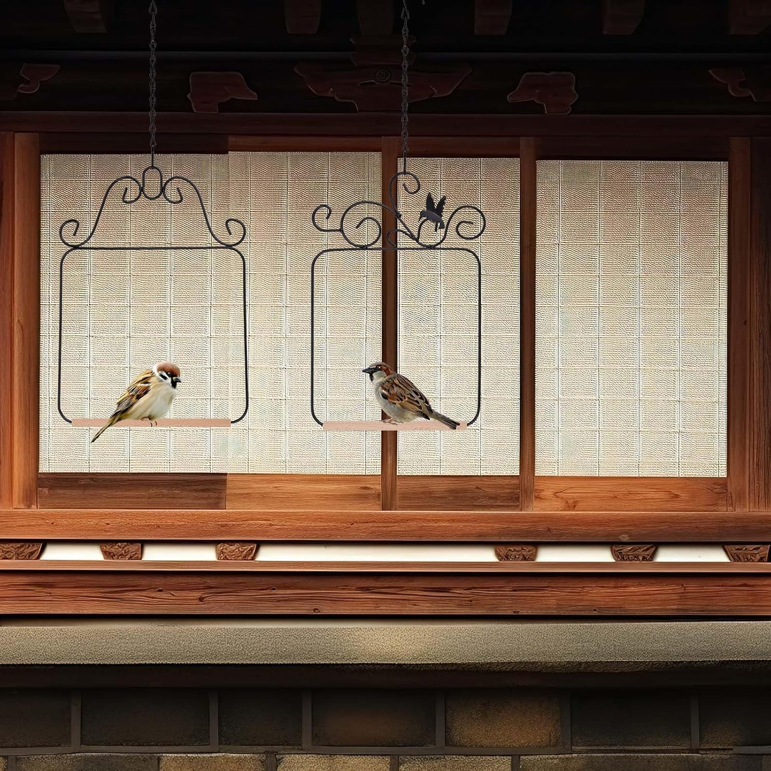 2PK Hummingbird Swings and Perches, Metal Frame Bird Swing with Wooden Dowels and Hanging Chains Bird Cage Accessories for Garden Patio Window Trunk Lawn Tree Branch Decoration (Black) image number 4