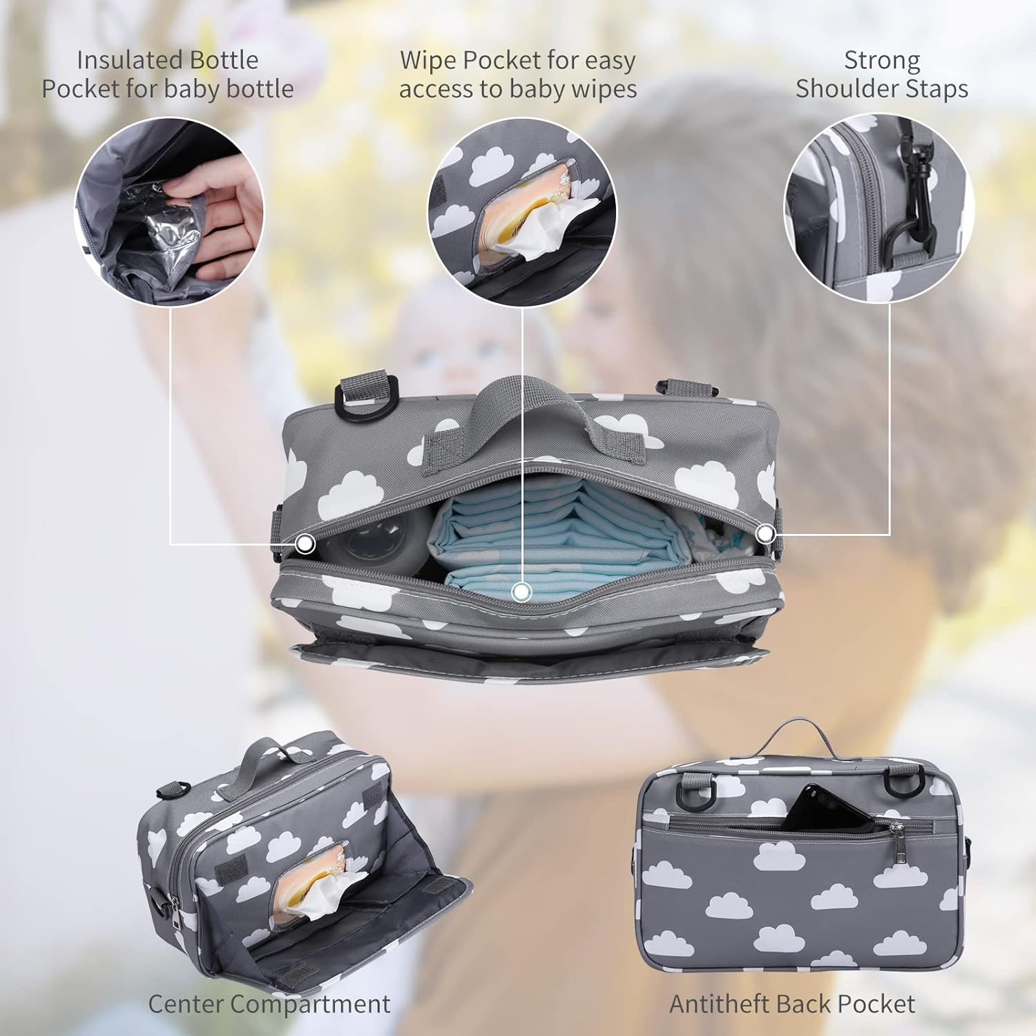 Small Diaper Bag, Stroller Organizer Bags for Baby with Insulated Pocket, Stroller Hooks and Adjustable Strap,Universal Mini Diaper Tote Bags Fit All Strollers, Gray - Carved image number 5