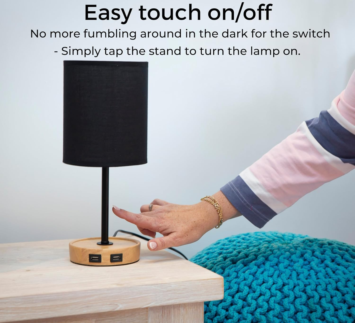 Bedside Lamp with 2 USB Ports and Touch Control. Modern Table Lamp, Desk Light. Wood Base and Fabric Shade for Living Room, Home Office, Bedroom, Hallway, Study and Kids Rooms (Black) image number 2