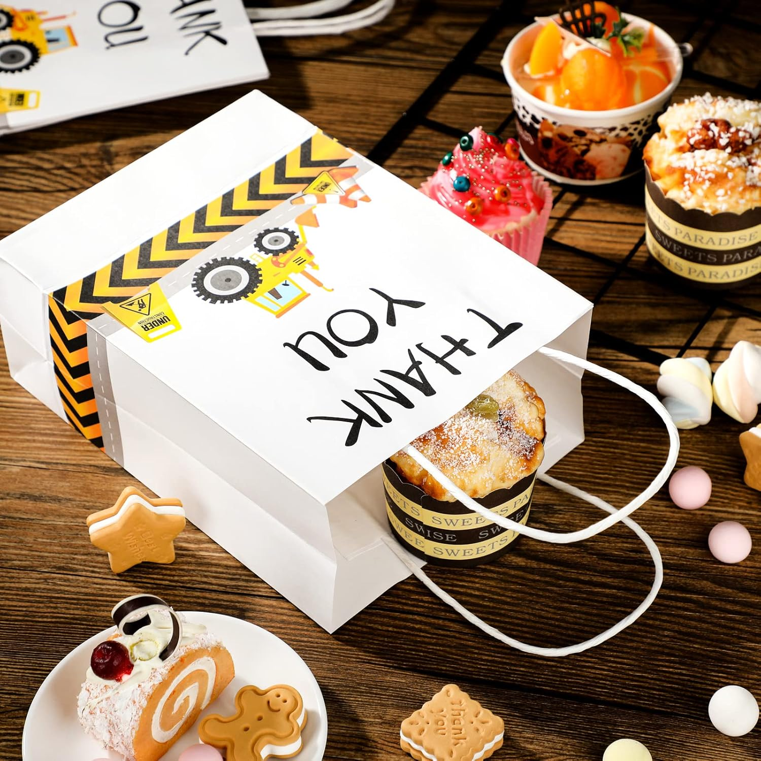 Outus 12 Pieces Construction Party Favors Bags Truck Themed Candy Goodie Bags for Birthday Themed Party Supplies Decorations, 8.3 X 6.3 X 3.1 Inches(White) image number 3