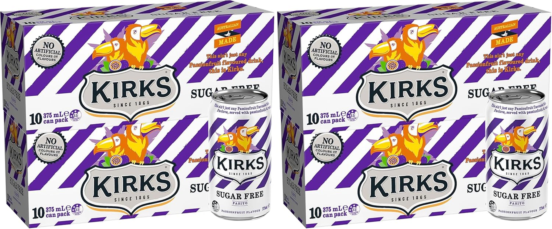Kirks Sugar Free Pasito Passionfruit Soft Drink Multipack Cans 20 X 375 Ml (Pack of 2)