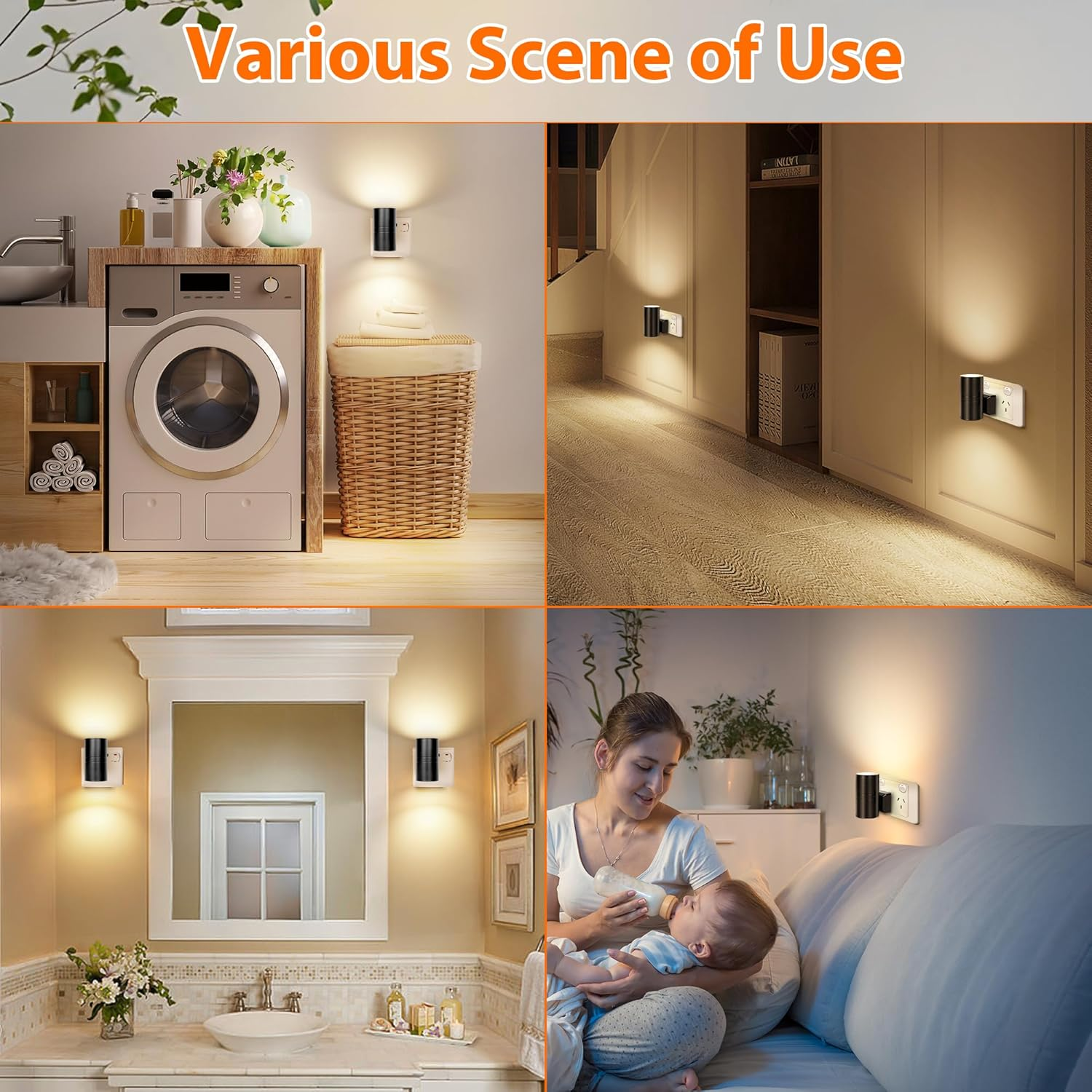 Plug in Night Light 4 Pack, LED Night Lights with Auto Dusk to Dawn Sensor, 3000K Warm White Dimmable LED Night Lamp for Kids, Sensor Nightlight for Bedroom, Baby Room, Kitchen, Bathroom, Stair image number 1