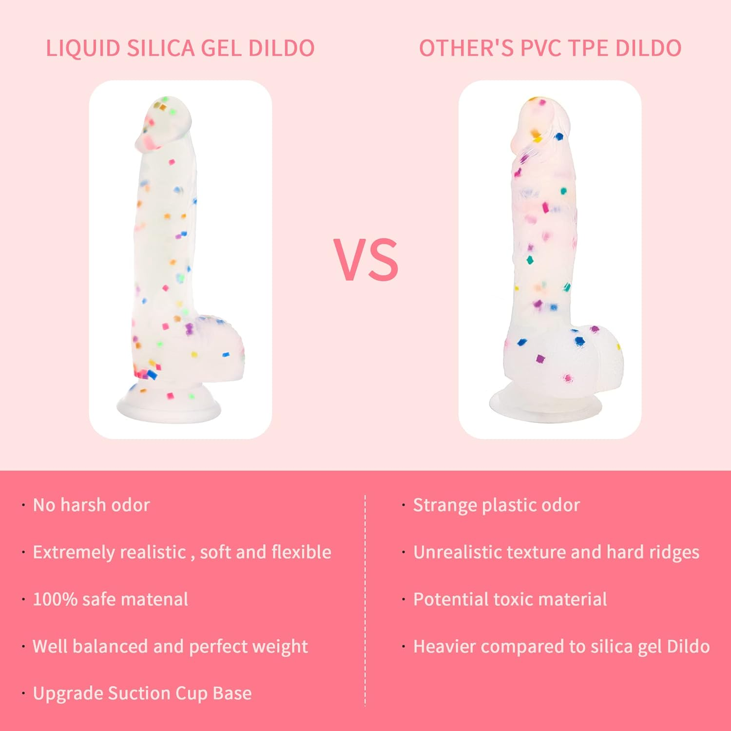 7.7 Inch Confetti Clear Silicone Dildo with Flared Suction Cup Base for Hands-Free Play, Flexible Dildo with Curved Shaft and Balls for Vaginal G-Spot and Prostate&hellip;
