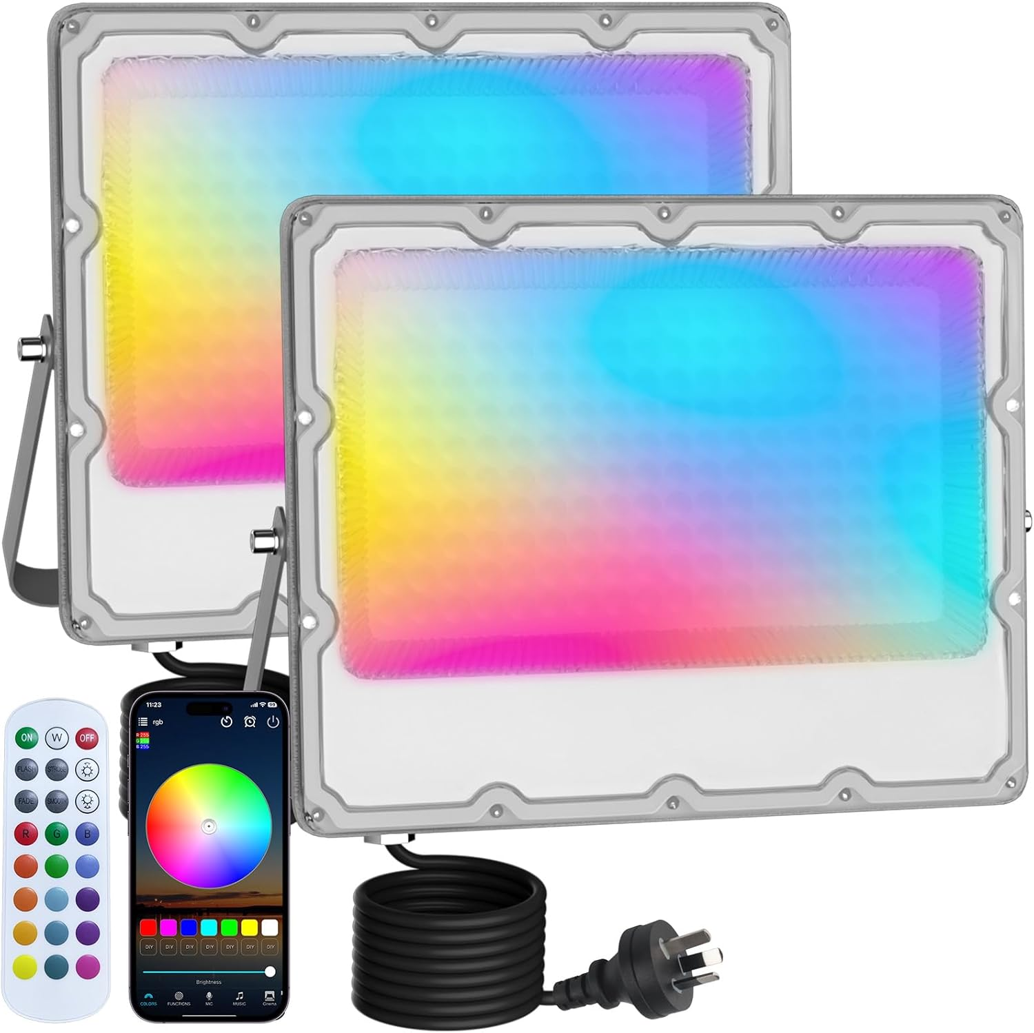 2-Pack RGB LED Flood Lights Outdoor,Color Changing Flood Lights,150W (1200W Equivalent),15000Lm, Works with Bluetooth App or 2.4G Remote,Ip66 Waterproof,16 Million Colors, Timing, Music Sync image number 6