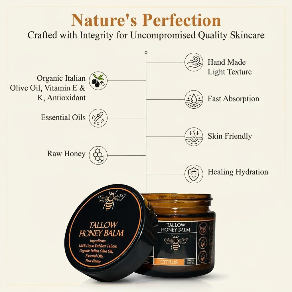 Organic Grass-Fed Beef Tallow Balm with Raw Honey - Moisturizing Cream for Soft, Smooth Skin - Handmade All-Natural Moisturizer (3.5 Oz/100 G, Unscented)
