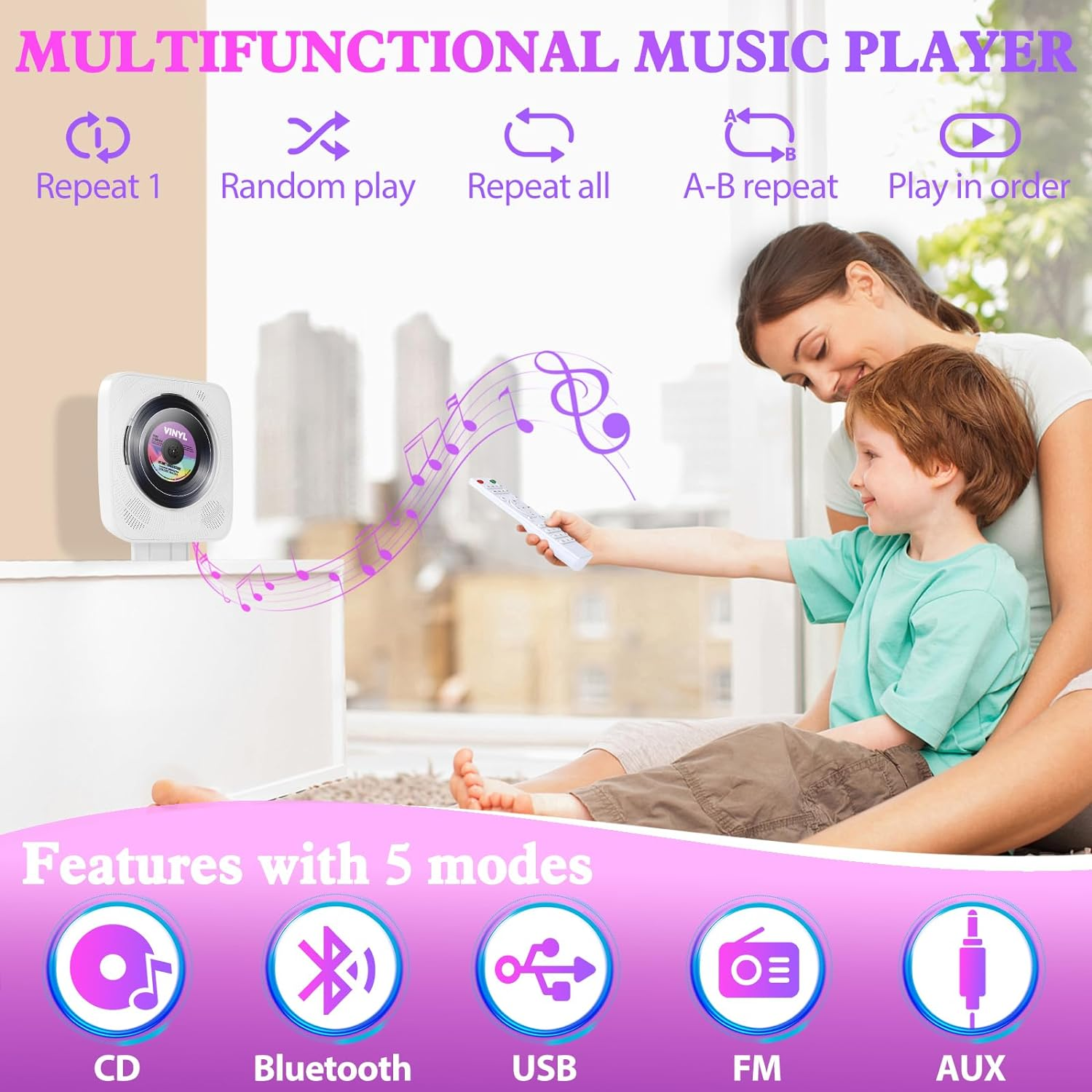 CD Player Bluetooth, SHIWAKOTO Desktop CD Players Wall Mountable, with FM Radio, USB Playback, LCD Screen, AUX Port, Hifi Audio Music Player for Home/Car image number 2