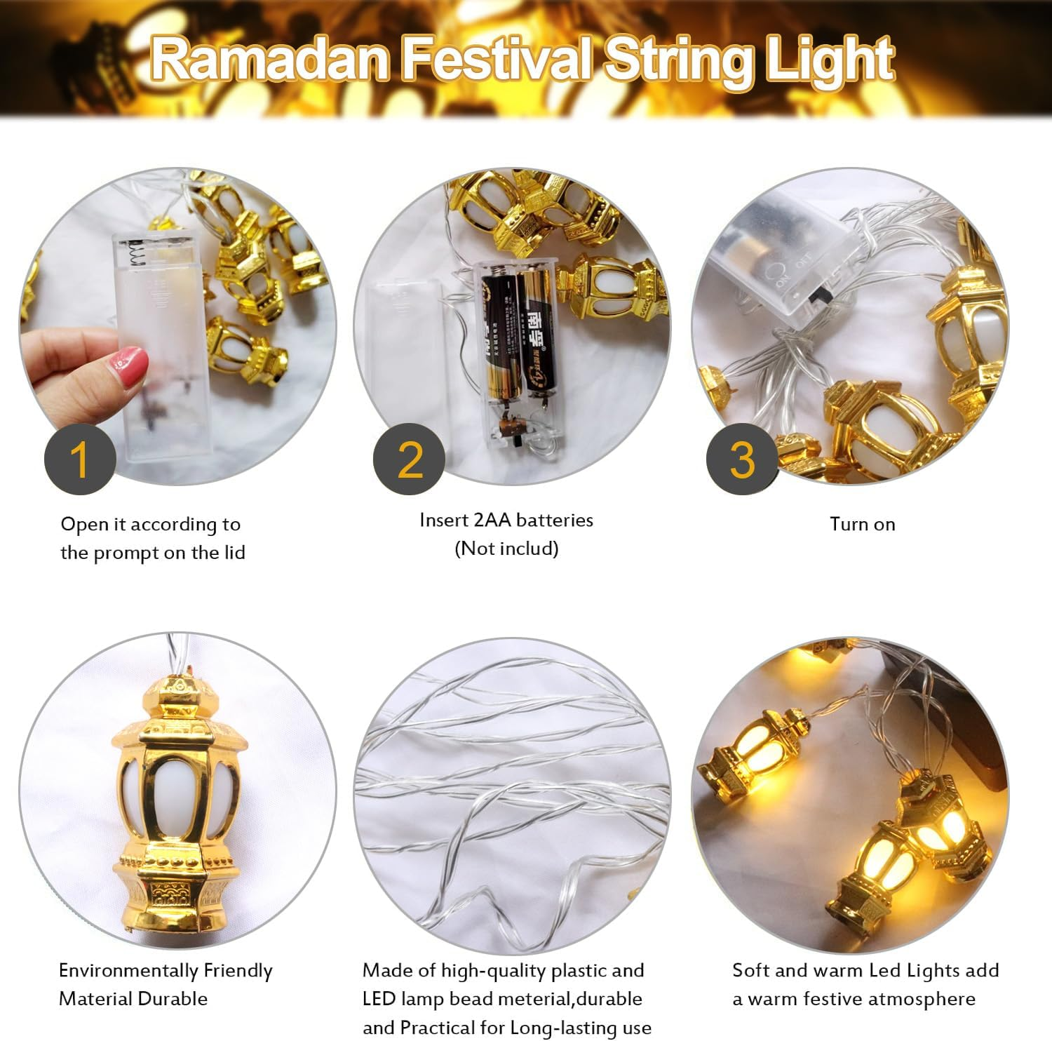 CHINS Ramadan String Lights Decorations Indoor Outdoor - 5.4Ft 10 Leds Mubarak Lslam Lights Eid Mubarak Ramadan Decorations for Home Garden Patio (Not Include Battery) image number 5