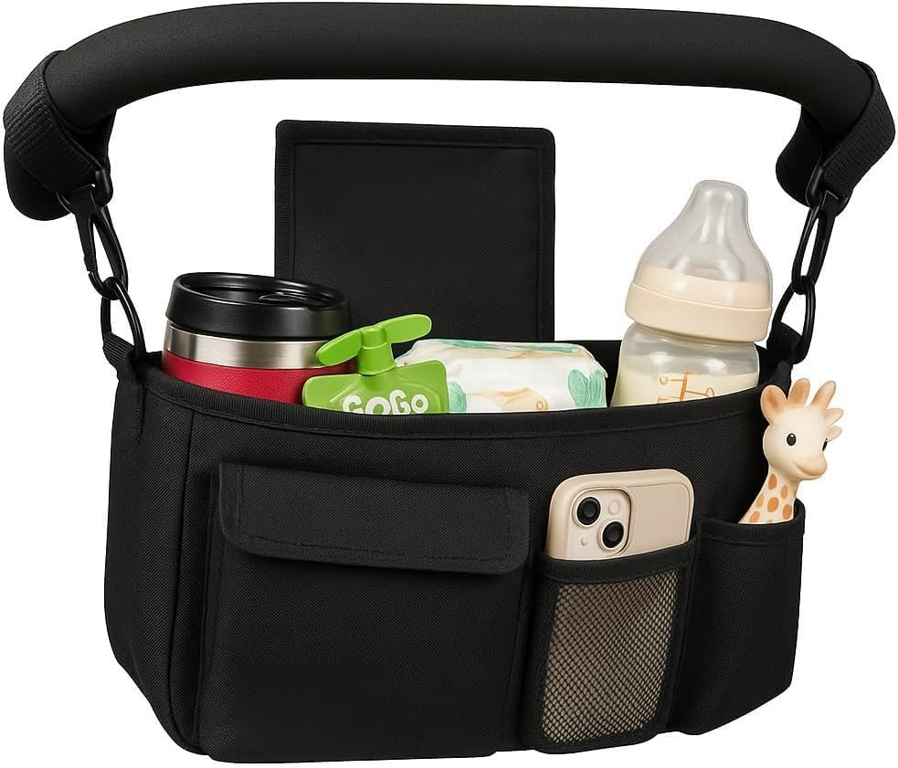 Universal Stroller Organizer with Cup Holder, Large Capacity Stroller Caddy, Non-Slip Secure Hooks Accessories(Black) image number 5