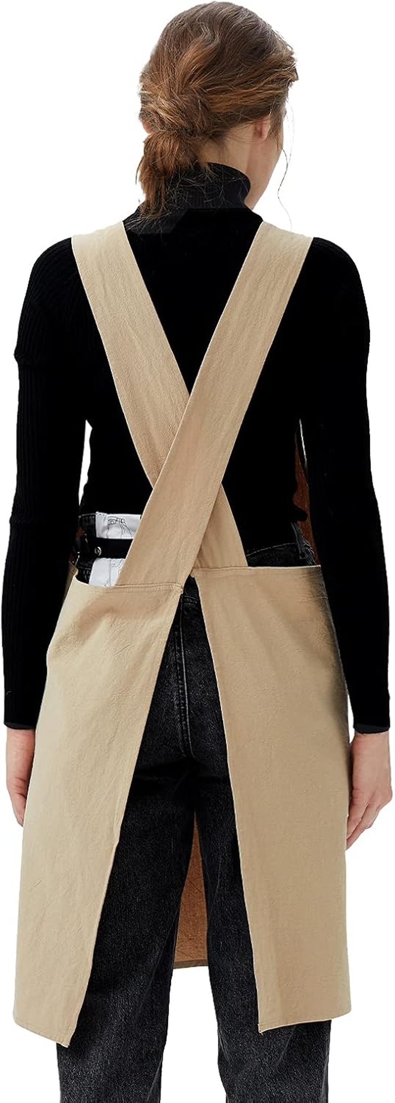 Surblue Cotton Linen Cross Back Aprons Solid Color Unisex Pinafore Vintage Apron Japanese Style with 2 Pockets for Kitchen Cooking Baking Painting Gardening Cleaning for Women Men - Grey image number 3