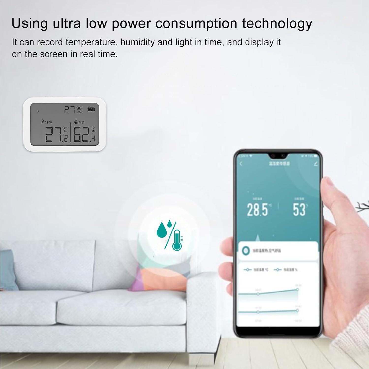 Indoor Temperature Humidity Sensor, Temperature Humidity Light 3 in 1 Recording Device with LCD Screen for Remote Monitoring