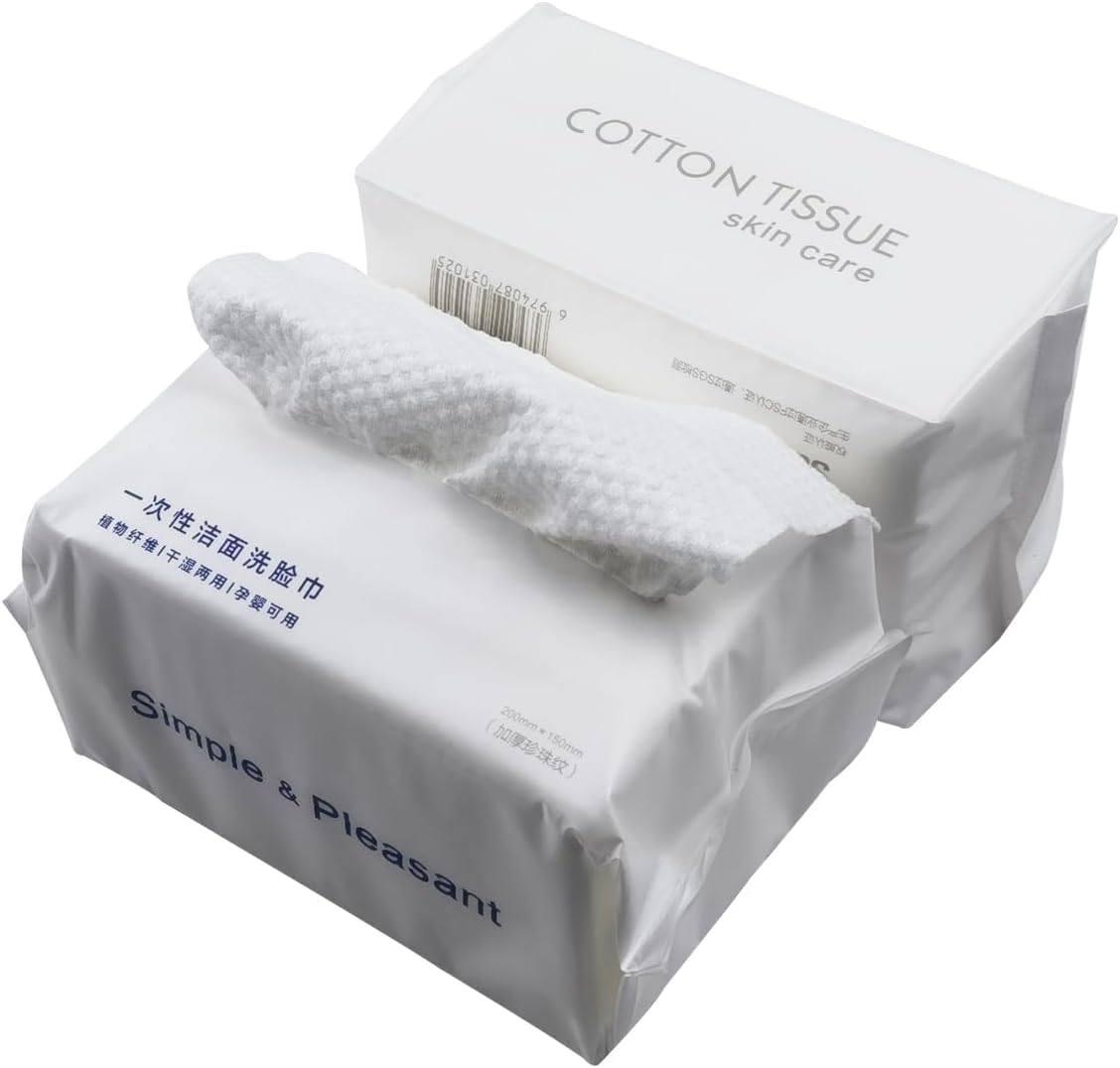 2Packs Cotton Wipe; Soft Safe Non Allergenic Baby Care Tissue, Absorbent Wipes for Washing Face Eye Makeup Remover and Nail Polish，Wet/Dry Disposable Use Facial Wipe (Plain, 20X15Cm) image number 1