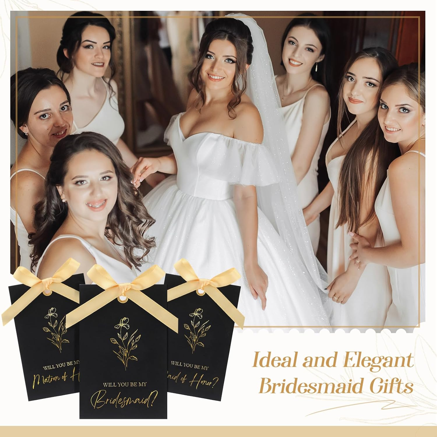 11 Pcs Bridesmaid Proposal Card with Ribbon Bow Floral Metallic Bridal Gift 8 Will You Be My Bridesmaid 2 Maid of Honor 1 Matron of Honor Invitation for Bridal Shower (Black, Gold) image number 3