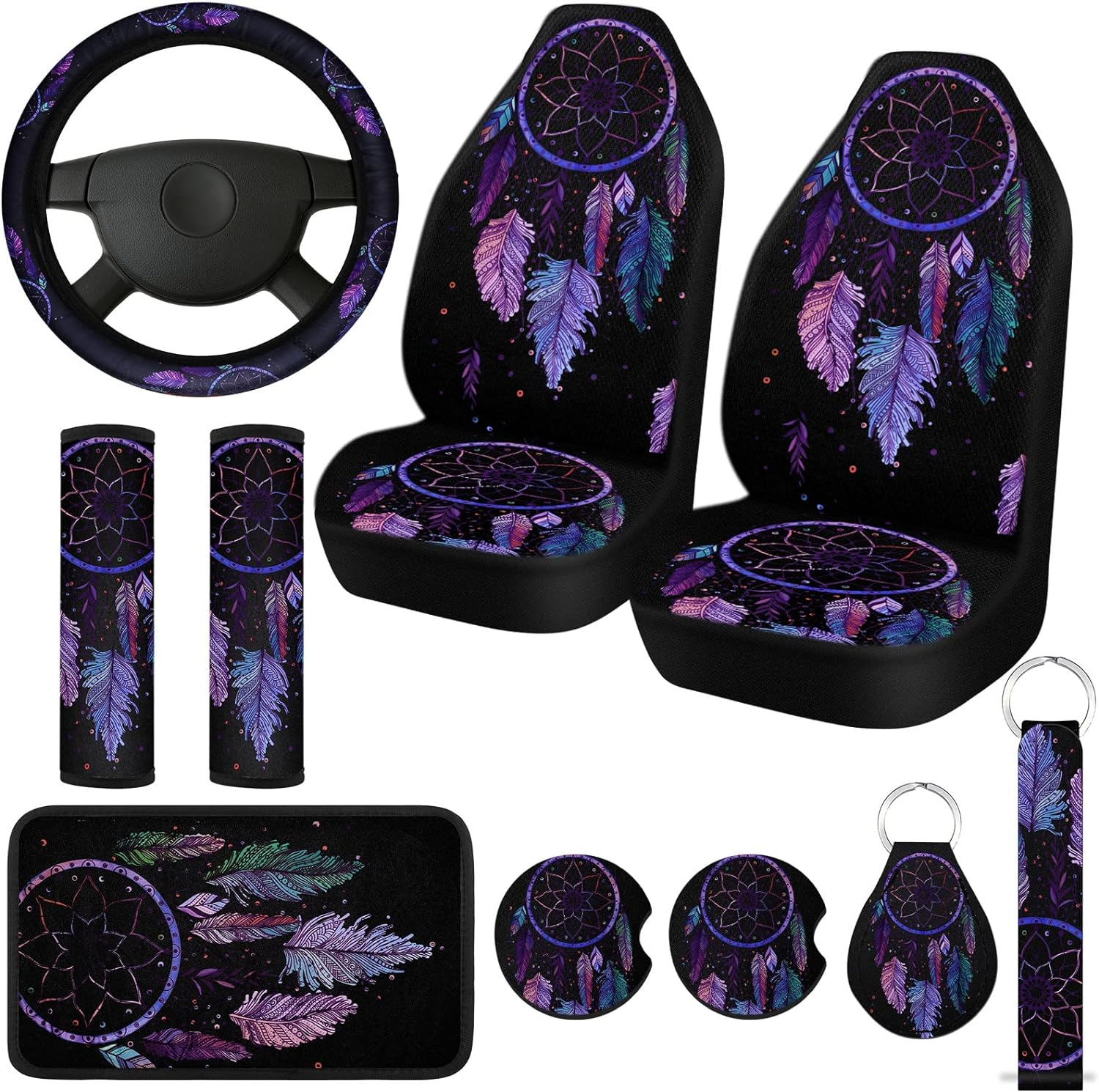 Tallew 10 Pcs Dream Design Car Seat Covers Full Set, Front Cover, Steering Wheel Belt Pads, Center Console Armrest Cup Holder Coasters, Keychain, Key Ring for Truck SUV image number 6