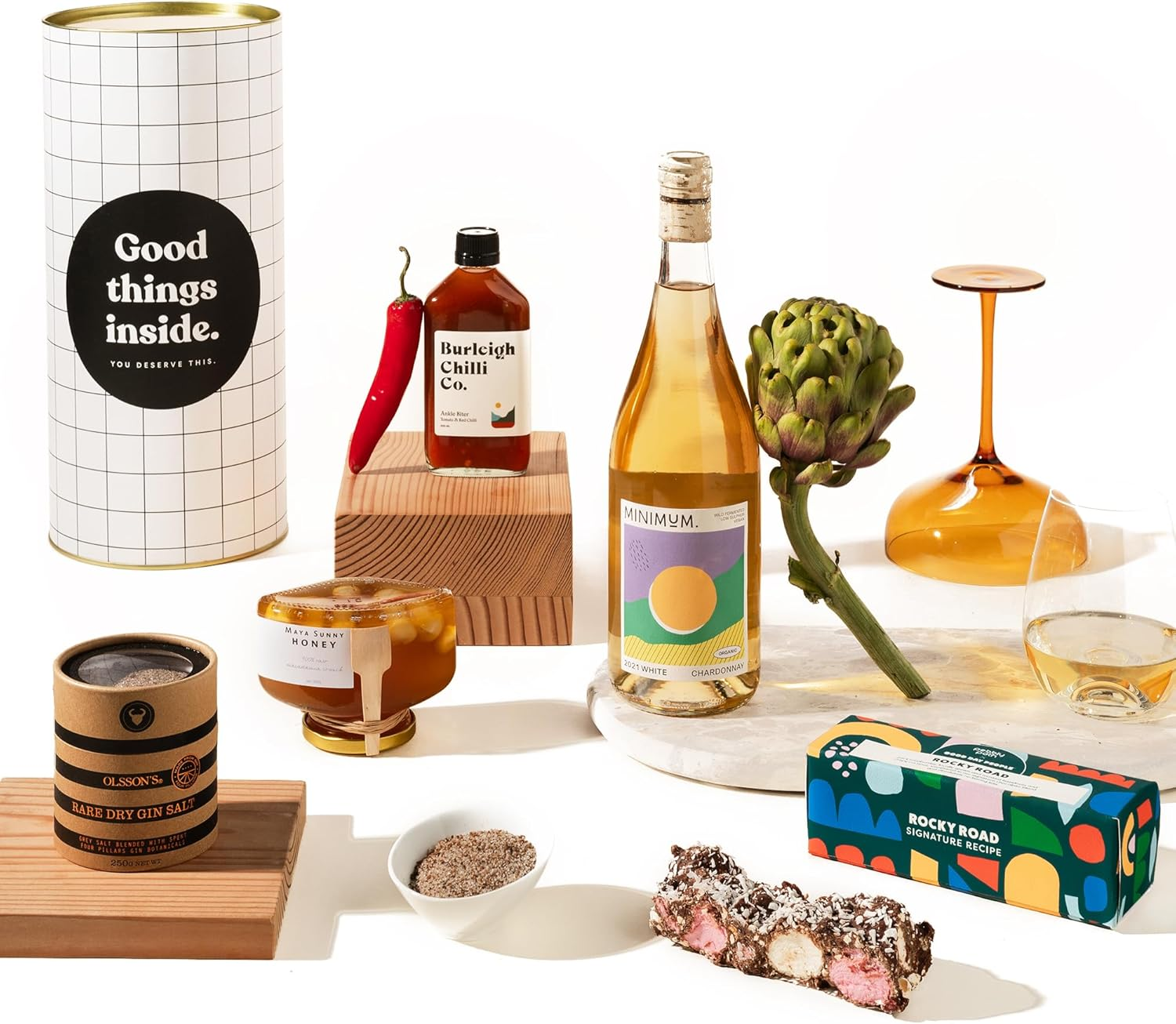 Luxury Gourmet Gift Hamper | Gourmet Greg Hamper by Good Day People | Premium Food & Wine Gift Box with Choice of Wine, Pebbly Path Rocky Road, Olsson&rsquo;S X Four Pillars Gin Rare Dry Gin Salt, Burleigh Chilli Co. Anklet Biter Sauce, and Maya Sunny Honey - Perfect for Birthdays, Corporate Gifts & Special Occasions (Red Wine) image number 1