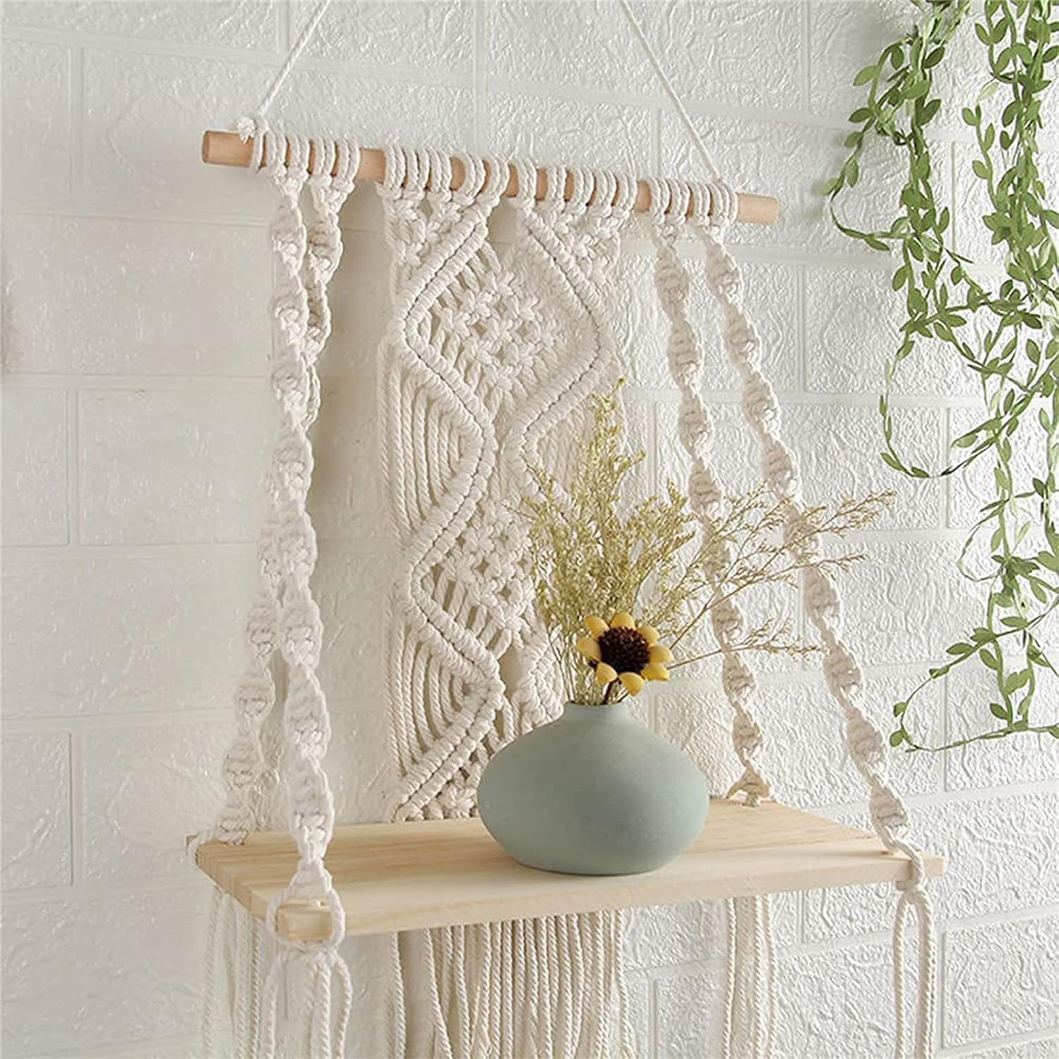 Macrame Wall Hanging Shelf, Handmade Boho Floating Wood Shelf with Decorative Rope, Indoor/Outdoor Plant Display Storage Shelf image number 1