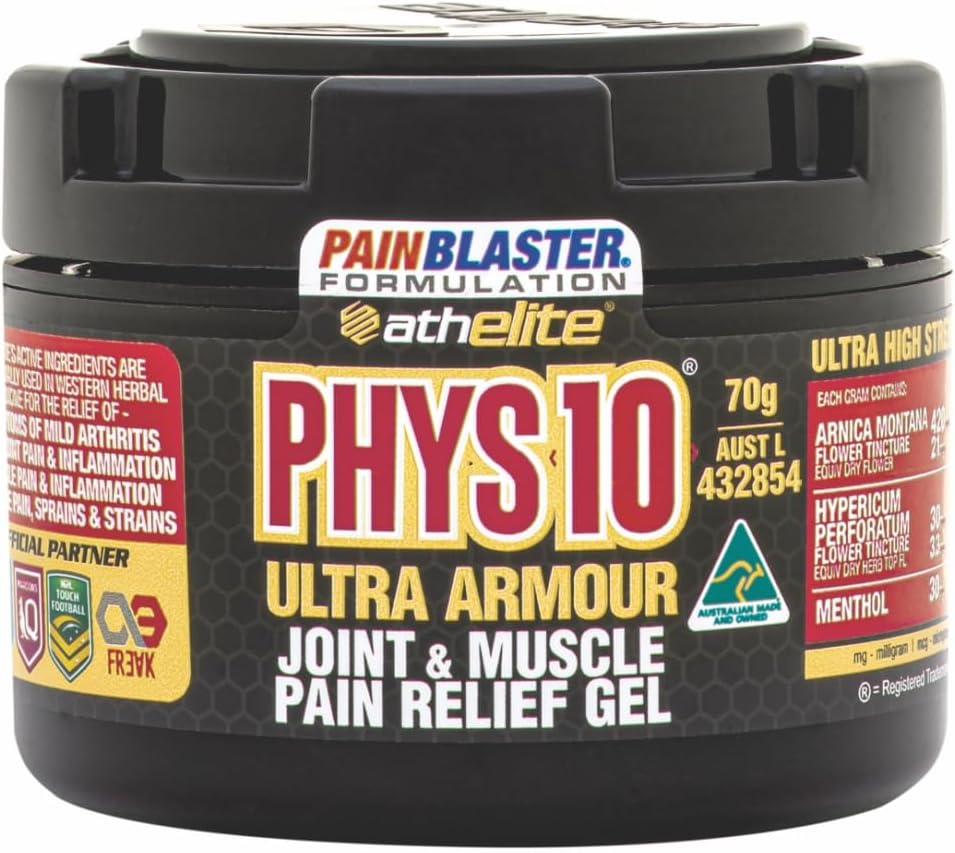 PHYS10 Ultra Armour - Joint and Muscle Pain Relief Gel 70G POWERED by PAIN BLASTER. High Potency TOPICAL ANTI-INFLAMMATORY. Temporary Relief for Mild Arthritis & Mild Osteoarthritis Symptoms, Non-Greasy, Easily Absorbed Gel with HIGH POTENCY ACTIVE INGREDIENTS That Include Arnica, Supports Joint Mobility.