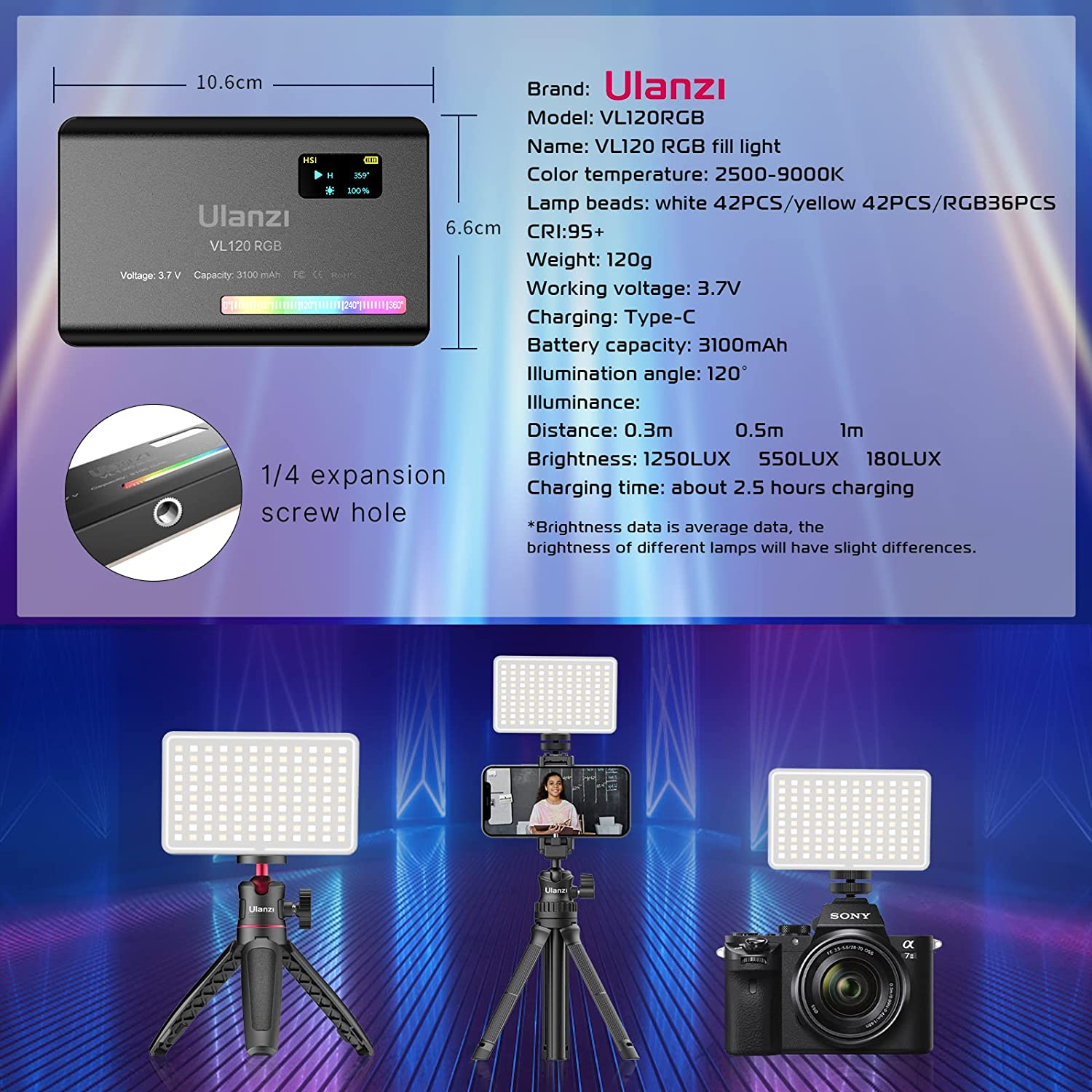 ULANZI VL120 RGB LED Video Light, 360&deg; Full Color Portable Camera Light, CRI 95+ 2500-9000K Dimmable Panel Lamp W LCD, 3100Mah Rechargeable DSLR Lighting for Vlogging, Photography, Video Conference image number 3