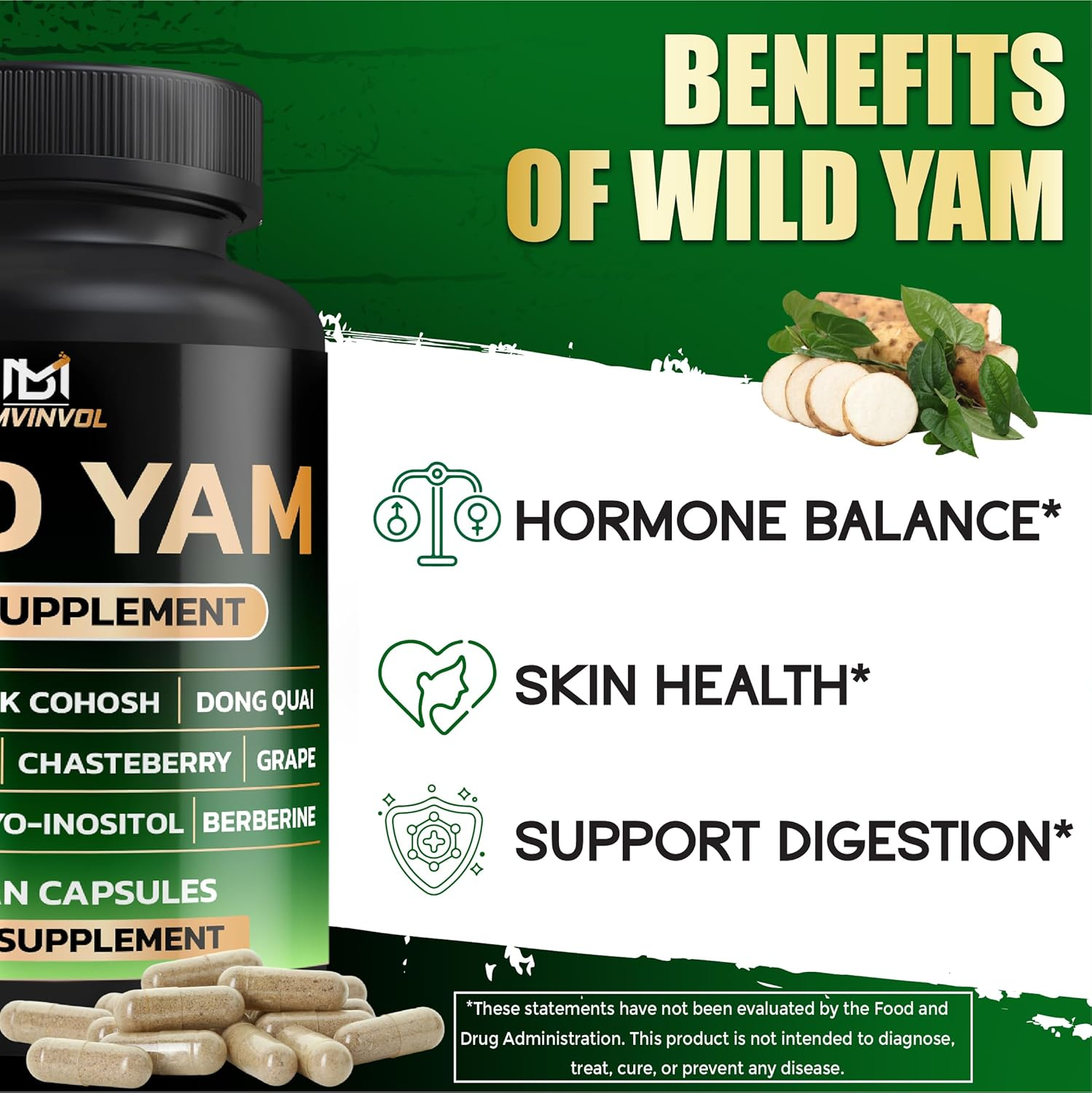 Wild Yam Supplement | Red Clover, Black Cohosh, Evening Primrose, Berberine, Myo-Inositol - Hormone Balance for Women [ 90 Capsules] image number 5