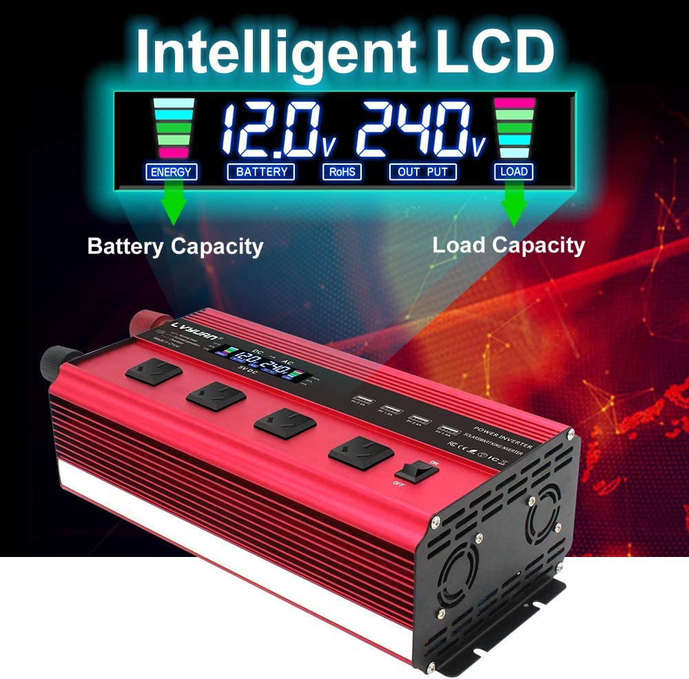 Yinleader 2500W DC 12V to 240V AC Power Inverter 4 AC Outlets W/Remote Control LCD Display 4 USB Ports Charge for Car/Boat/Truck image number 2