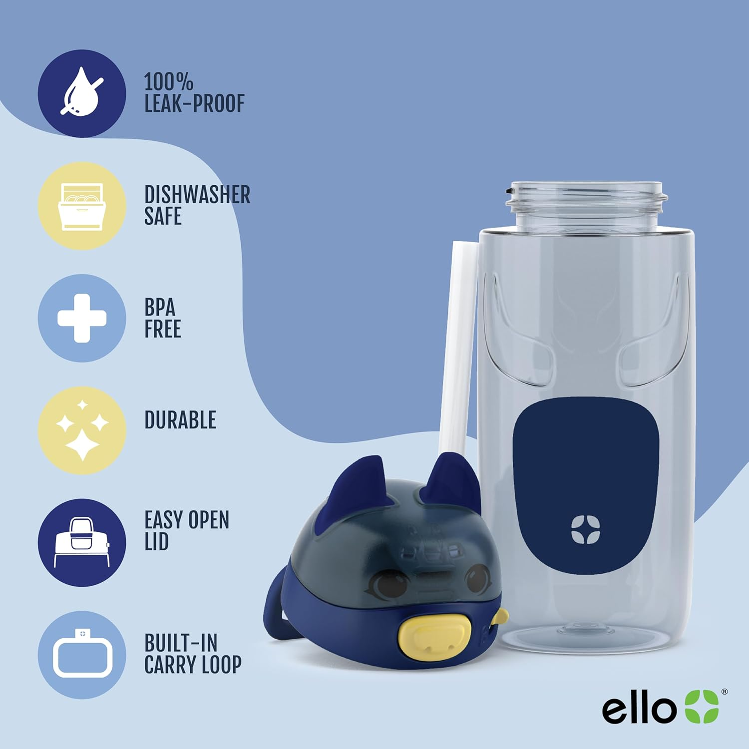 Ello Ellies 16Oz Plastic Kids Water Bottle with Straw and Built-In Carrying Handle and Leak-Proof Locking Lid for School Backpack, Lunchbox and Outdoor Sports, Dog - Cat image number 2