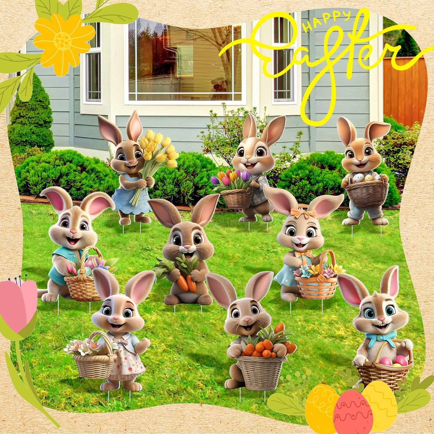 Memorywuu 9 Pcs Easter Bunny Decorations Outdoor Colorful Easter Yard Signs with Stakes Outdoor Easter Decorations Easter Bunny Yard Sign Easter Lawn Signs for Home Lawn Patio Ornaments Easter Decor