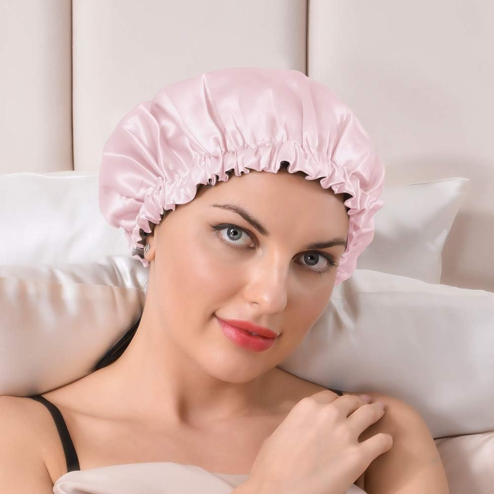 THXSILK Silk Bonnet for Women Girls, 100% 22 Momme Mulberry Silk with Hyaluronic Acid, Double Layered, Durable and Deep Hydration, Adjustable Elastic Night Cap for Hair Care - L, Light Blue & Grey