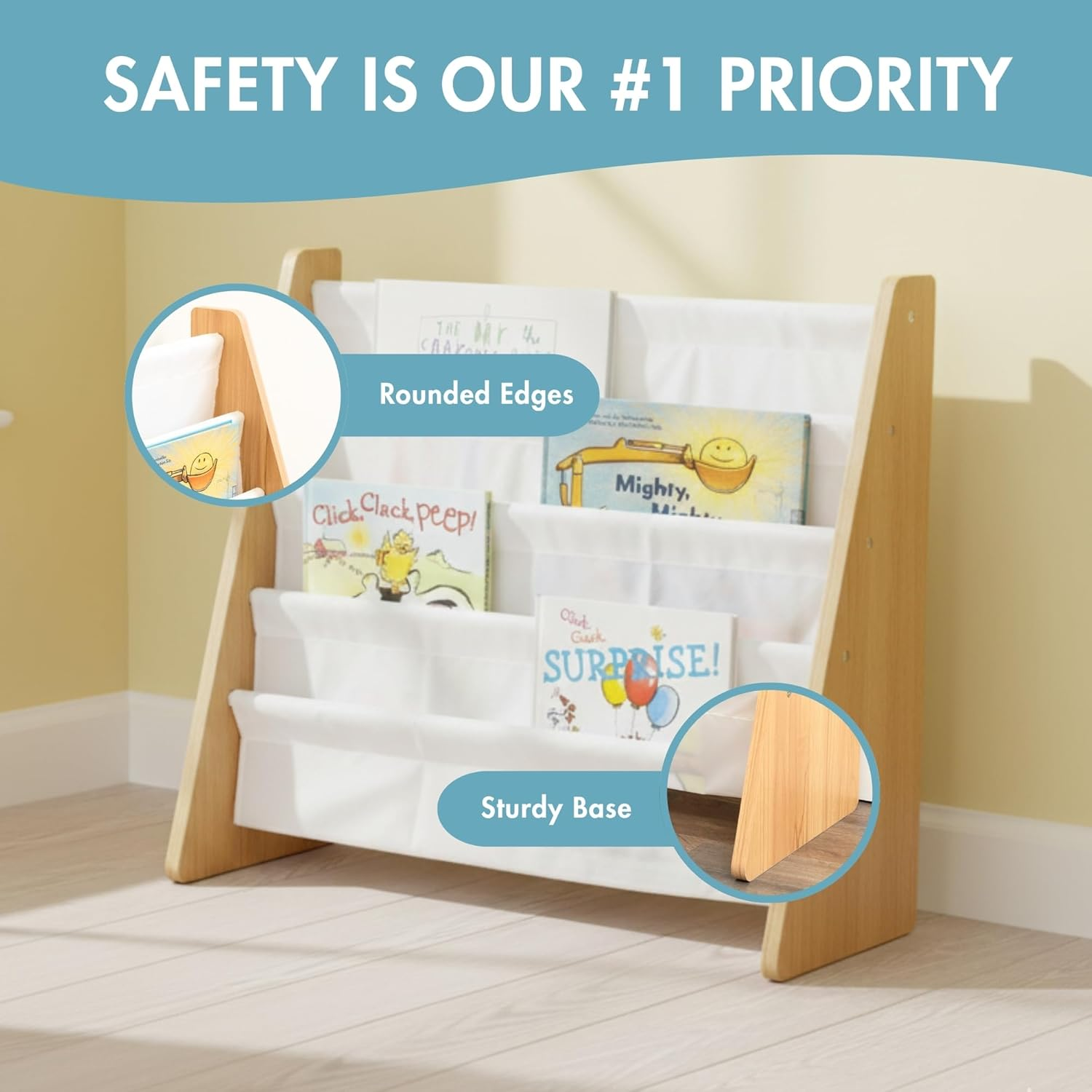 Tot Tutors Crew Wooden Bookcase with 4 Pockets, Natural and White WO173 Natural White Universal