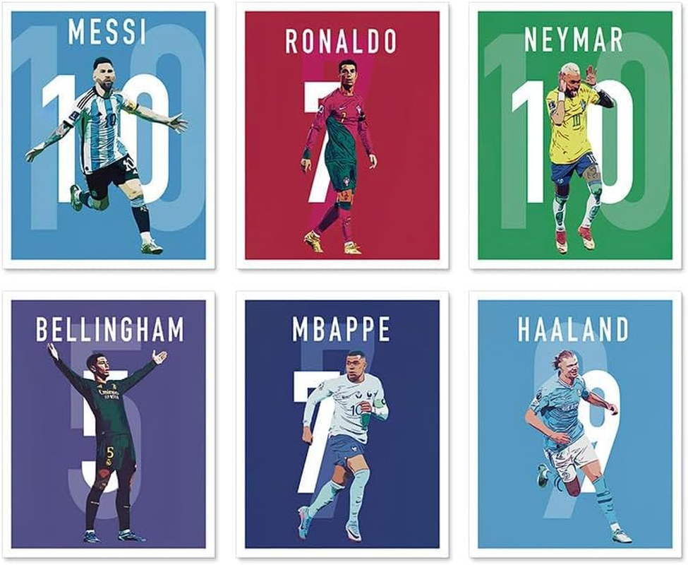 ZIENVE Soccer Canvas Poster Set &ndash; 6 Prints Featuring Messi, Ronaldo, Mbappe & Neymar &ndash; Football Superstars Sports Wall Art Decor for Boys&rsquo; Bedroom &ndash; 20X25Cm Unframed image number 5