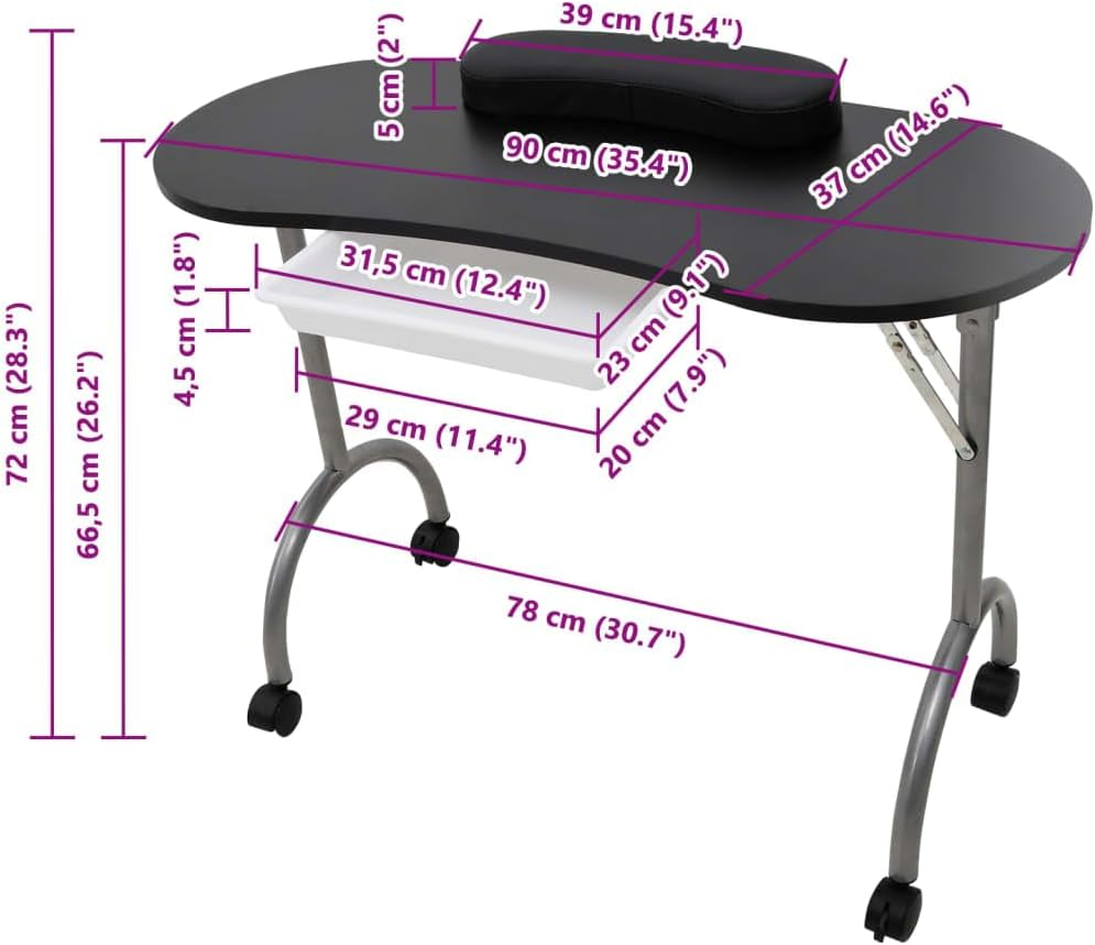 Folding Manicure Nail Table with Castors Black Portable Beauty Salon Furniture