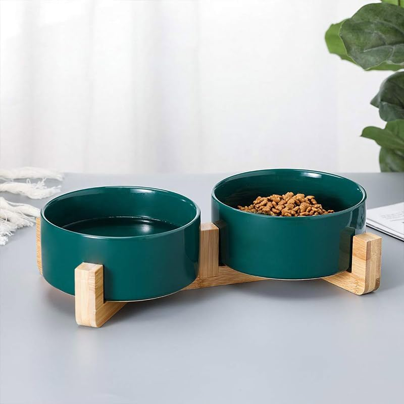 Jade Deals Ceramic Pet Bowl Double Cat Food Bowl Dog Water Bowl Feeding Drinking Bowl Set, 3.5&times;5.9In with 11.8In Bamboo Stand, Elevated Feeding/Drinking for Cats & Small Dogs image number 1