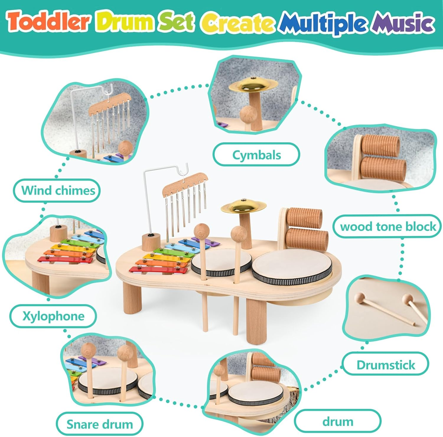 Baby Musical Instruments Toys Kids Drum Set for Toddlers Baby Music Instruments 7 in 1 Montessori Preschool Musical Toys Children Drum Kit Xylophone Tambourine Birthday Gifts for Boys and Girls