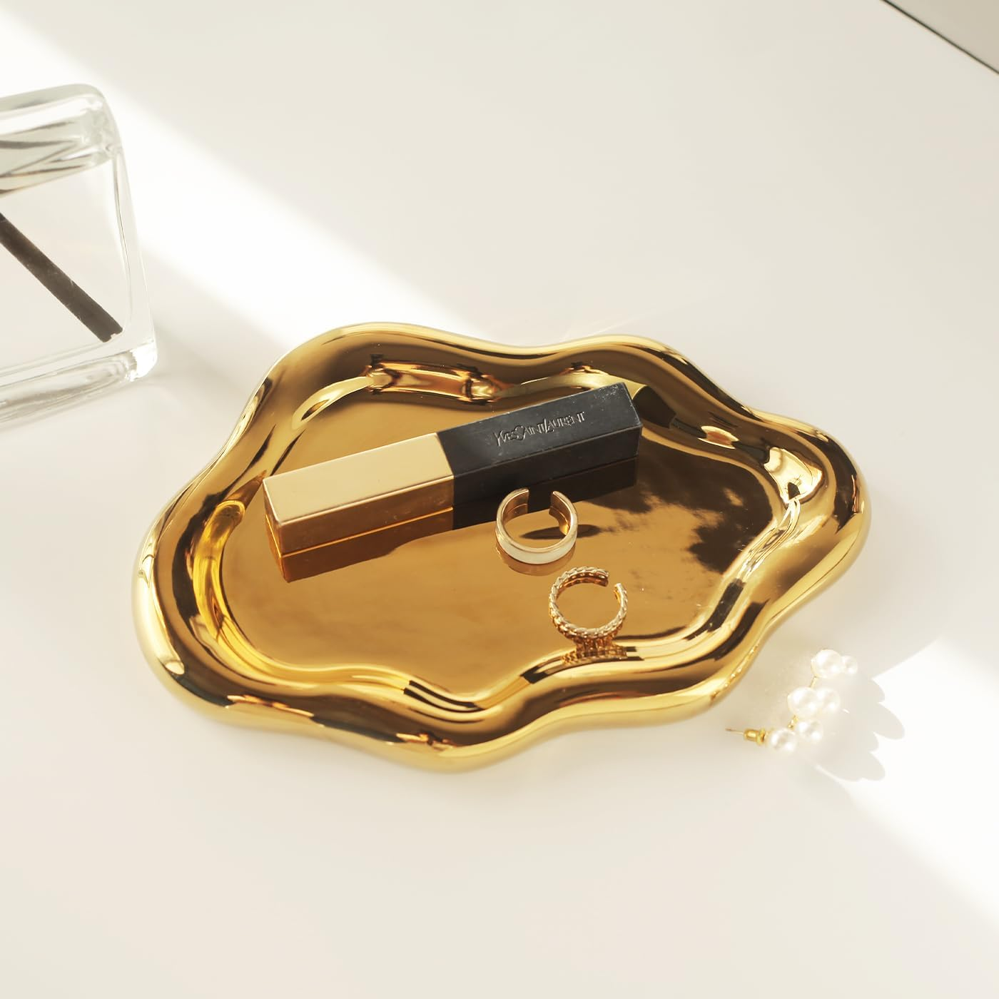 Jewelry Dish Trinket Tray for Women, Ring Dish Holder, Unique Cloud Shape Ceramic Plate Cute Things Vanity Aesthetic Room Decor Mother'S Day Birthday Christmas Warm House Gifts (Gold) JT001 - Bow Cream image number 4