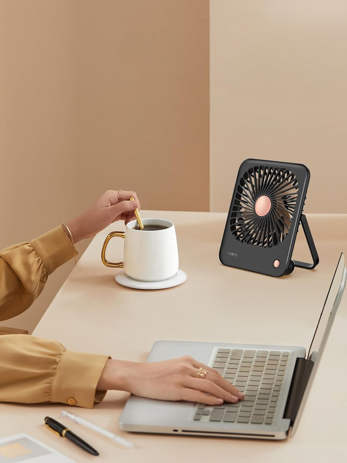 Funme&reg; Small Battery Desk Fan, Exquisite Table Fan Silent 180&deg;Foldable Portable 3000 Rechargeable Battery Powered Golden Fan Blades Strong Wind for Hot Flashes Makeup Travel Shopping Home-Black - Pink  Gold image number 2