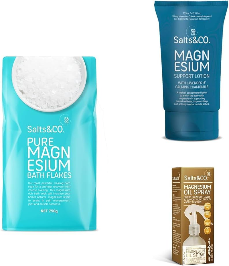 Salts & Co. Magnesium Salts Gift Bundle (Magnesium Bath Flakes, Oil Spray & Support Lotion)