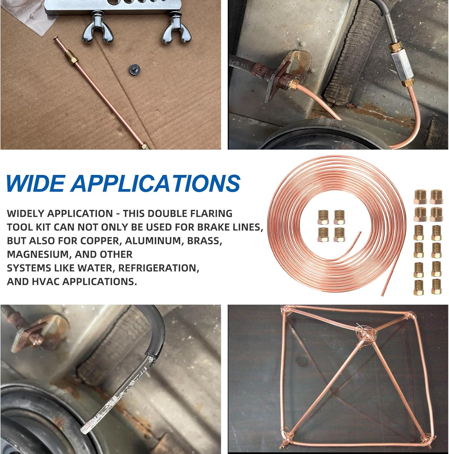 Glarks 3/16 Brake Line Tubing Kit, Copper-Coated Steel Tube Roll and Fittings, Steel Tubing Coil Kit with 16Pcs Inverted Tube Nut Fittings for Hydraulic Braking Systems, Fuel Systems image number 1