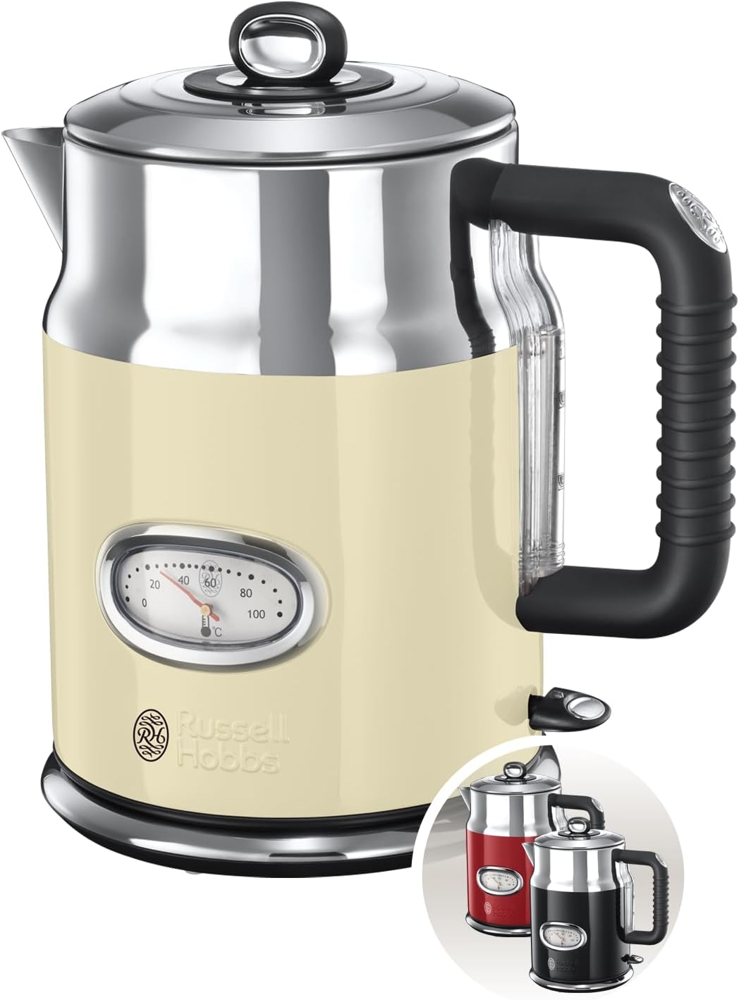 Russell Hobbs Kettle [1.7 L, 2400 W] Retro Red and Polished Stainless Steel (Quick Boil Function, Water Temperature Display in Retro Design, External Water Level Indicator) Vintage Tea Maker 21670-70