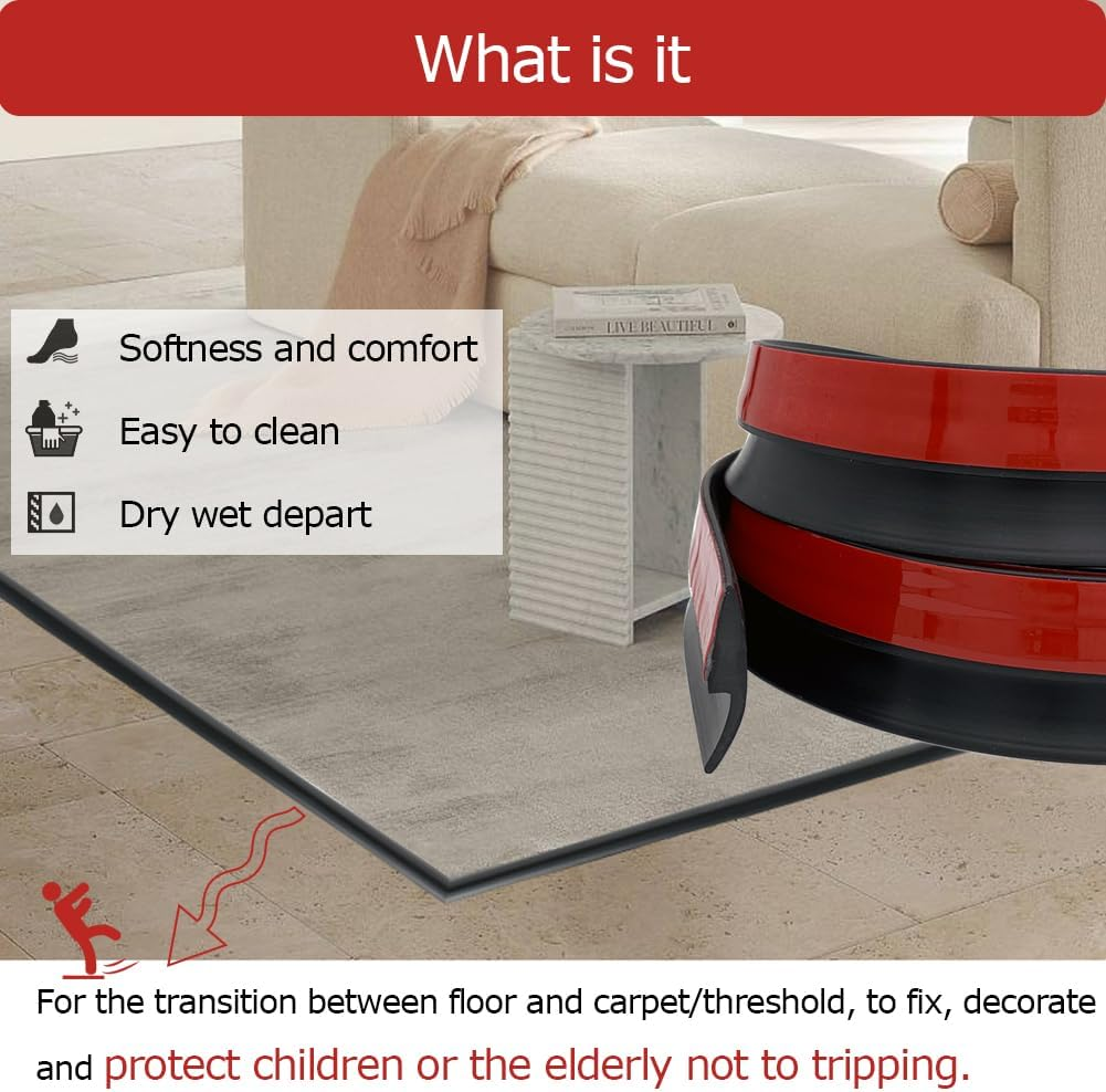 Aroilder Carpet Floor Transition Strip 10Ft, Self-Adhesive Carpet to Tile Transition Edging Trim Suitable for Doorways Threshold, Cover Height within 5Mm &ndash; Black image number 5