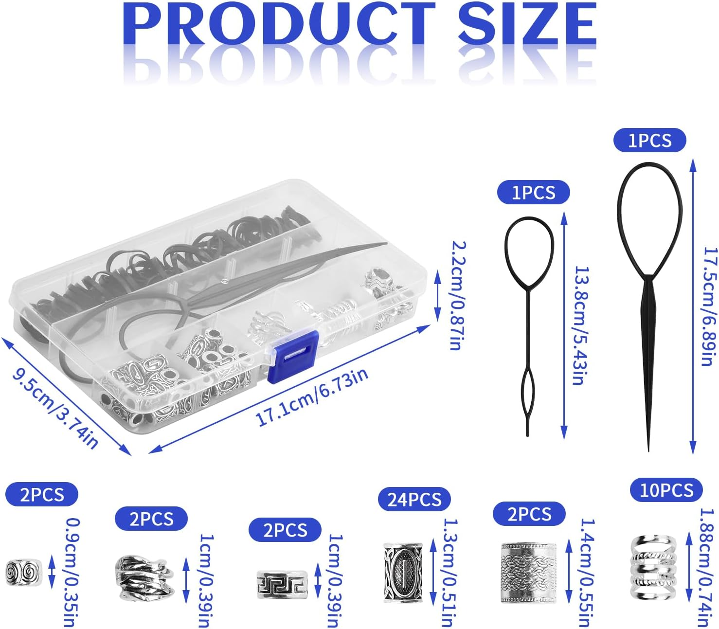 44 Pcs Viking Rune Beads for Hair, Beard & Jewelry - 96Pcs Metal Alloy round Braiding Beads with 50 Rubber Bands & Storage Box image number 2