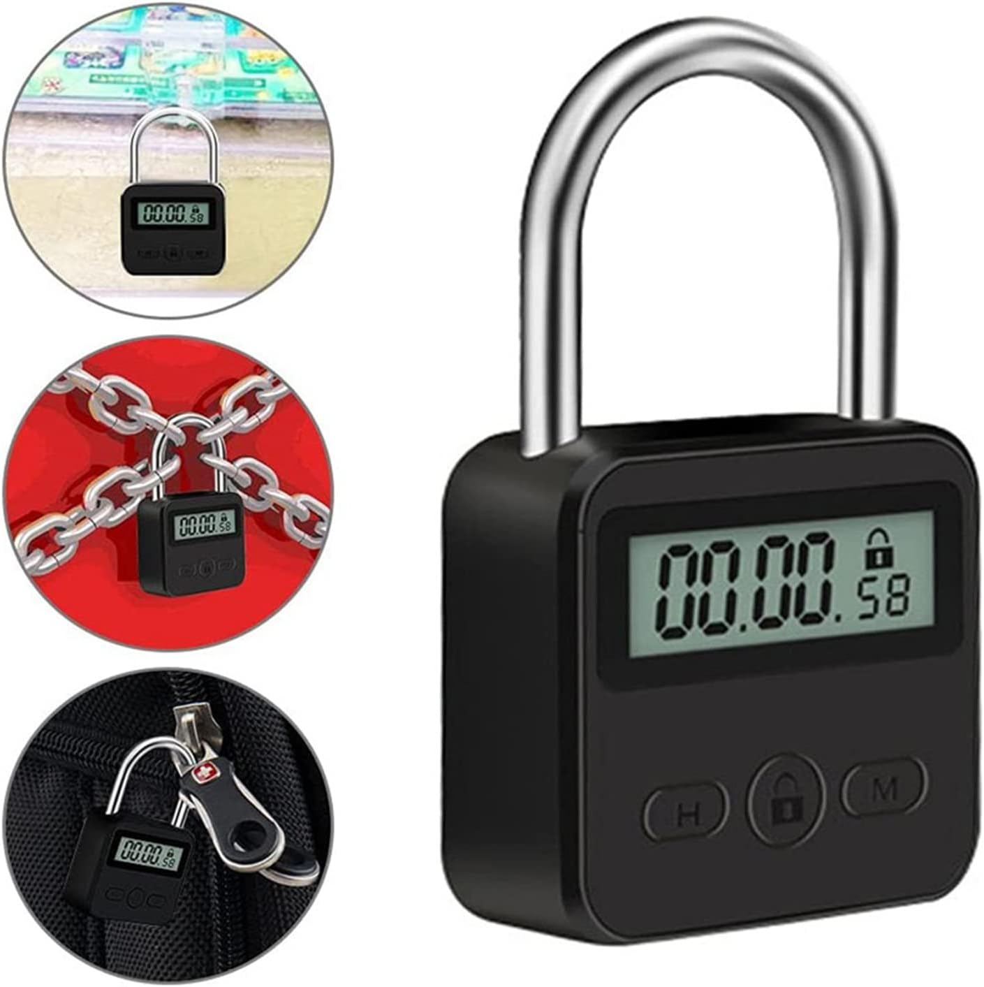 Combination Lock,Metal Timer Lock,Usb Rechargeable Time Timer Padlock with 1M Spring Rope,99 Hours Max Timing Self-Discipline Anti-Addiction Timed Padlock (Black) - Sliver image number 5