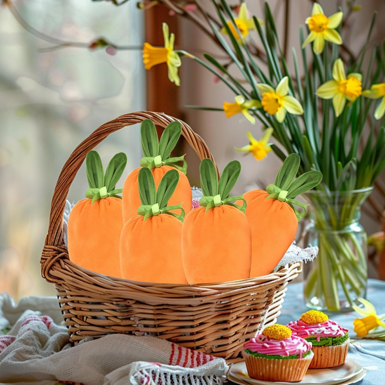 Easter Candy Treat Bags, Velvet Rabbit Ear Bags, Carrot Gift Bags for Spring, Easter Basket Stuffers Bags, Carrot Candy Bags 14X20Cm/5.51X7.87 Inches for Party, Holiday Treat Storage Bags image number 1