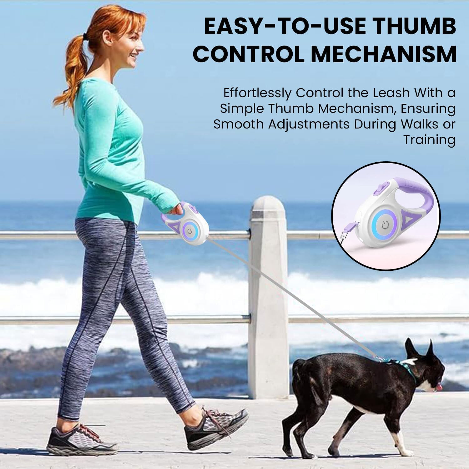 10Ft Retractable Dog Leash, Luminous Dog Walking Leash with Front Safety Led Light - 360&deg;Tangle-Free Training Leash for Ultimum Freedom with Anti-Slip Handle Dogs & Cats - Purple image number 5