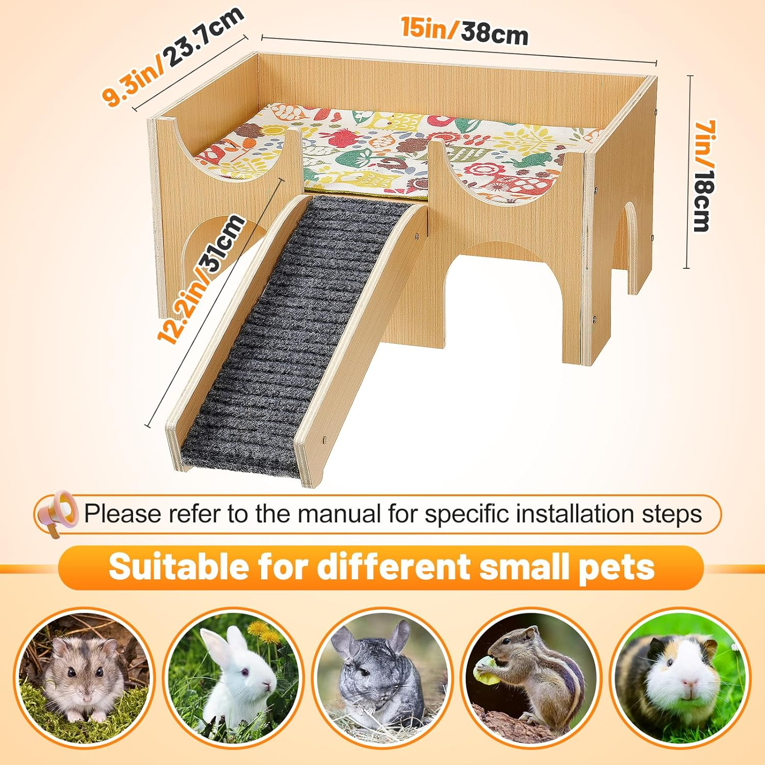 Upgraded Guinea Pig Castle, Sturdy Wooden Guinea Pig Hideout, Small Animal House Bed Hut Habitats with Stairs, Easy to Assemble for Hamsters Bunny Chinchillas Playing Hiding