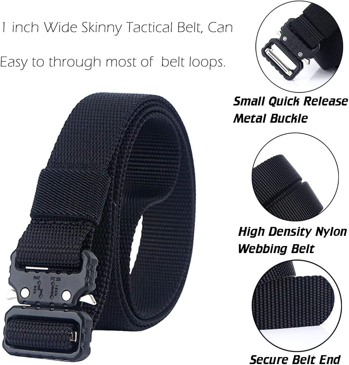 QAZSE 1 Inch Nylon Tactical Belt Quick Release Metal Buckle Heavy Duty Military Sports Skinny Webbing Work Belts for Men - Black-2 image number 7
