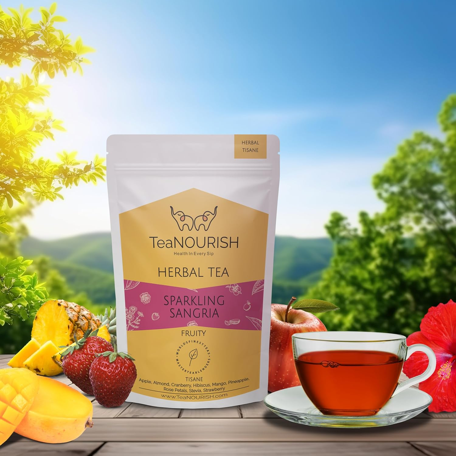 Teanourish Sparkling Sangria | CAFFEINE-FREE Herbal Tea | Refreshing and Fruity | Apple, Strawberry, Mango, Pineapple, Hibiscus | Brew Hot or Iced Tea - 100 G