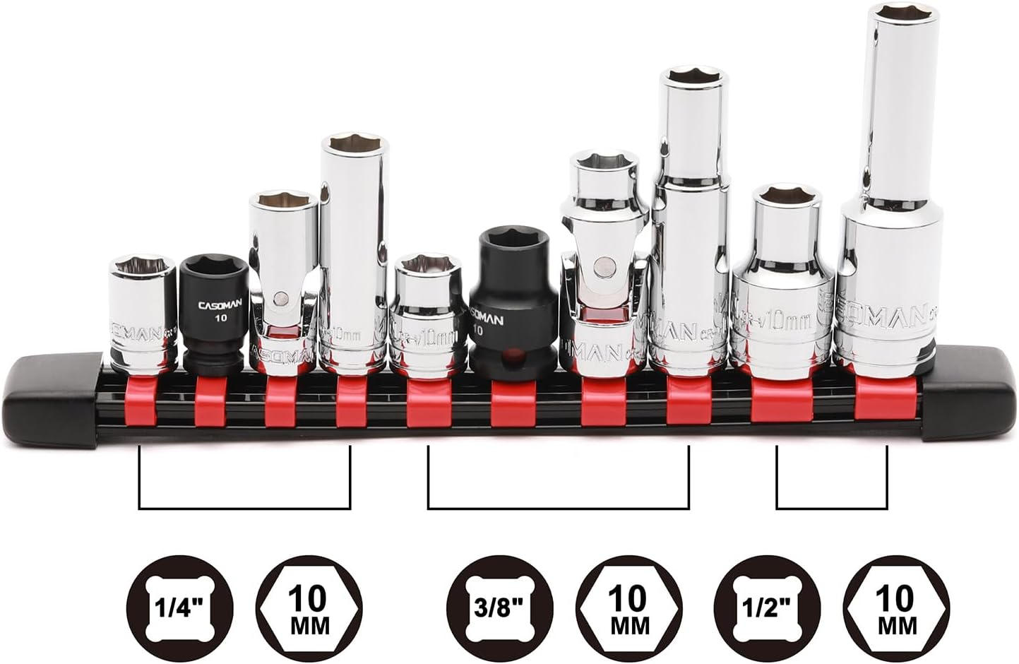 CASOMAN 10-Piece Impact Socket & Flex Socket Set - 10Mm, 1/4" & 3/8" & 1/2" Drive, 6-Point, Magnetic Impact Sockets, with Storage Rail image number 2