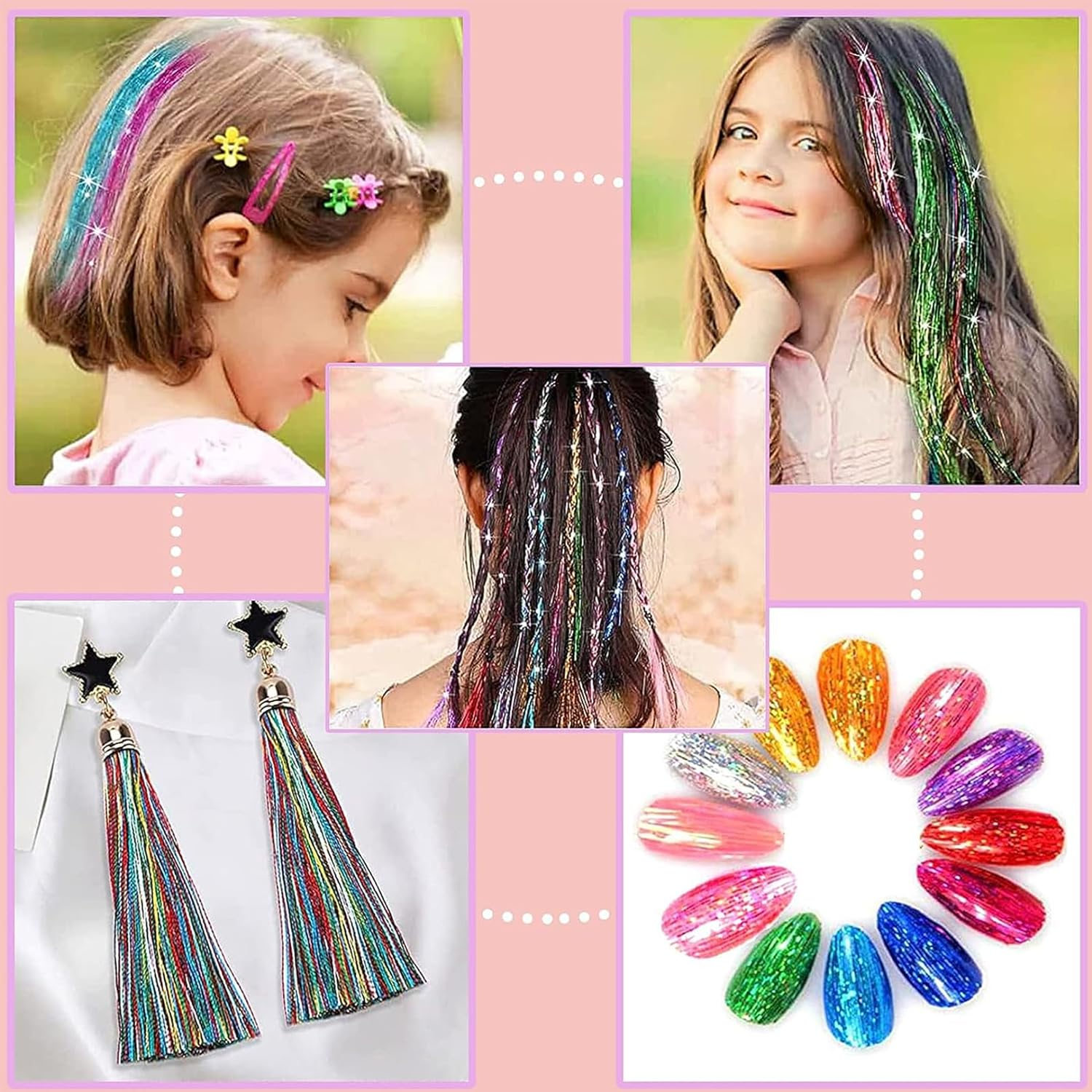 22 Colors Hair Tinsel Kit with Tools, 36 Inches 3700 Strands Tinsel Hair Extensions, Fairy Hair Tinsel for Christmas Halloween Cosplay Party, Grow the Most Dazzling Hair of the Crowd image number 2