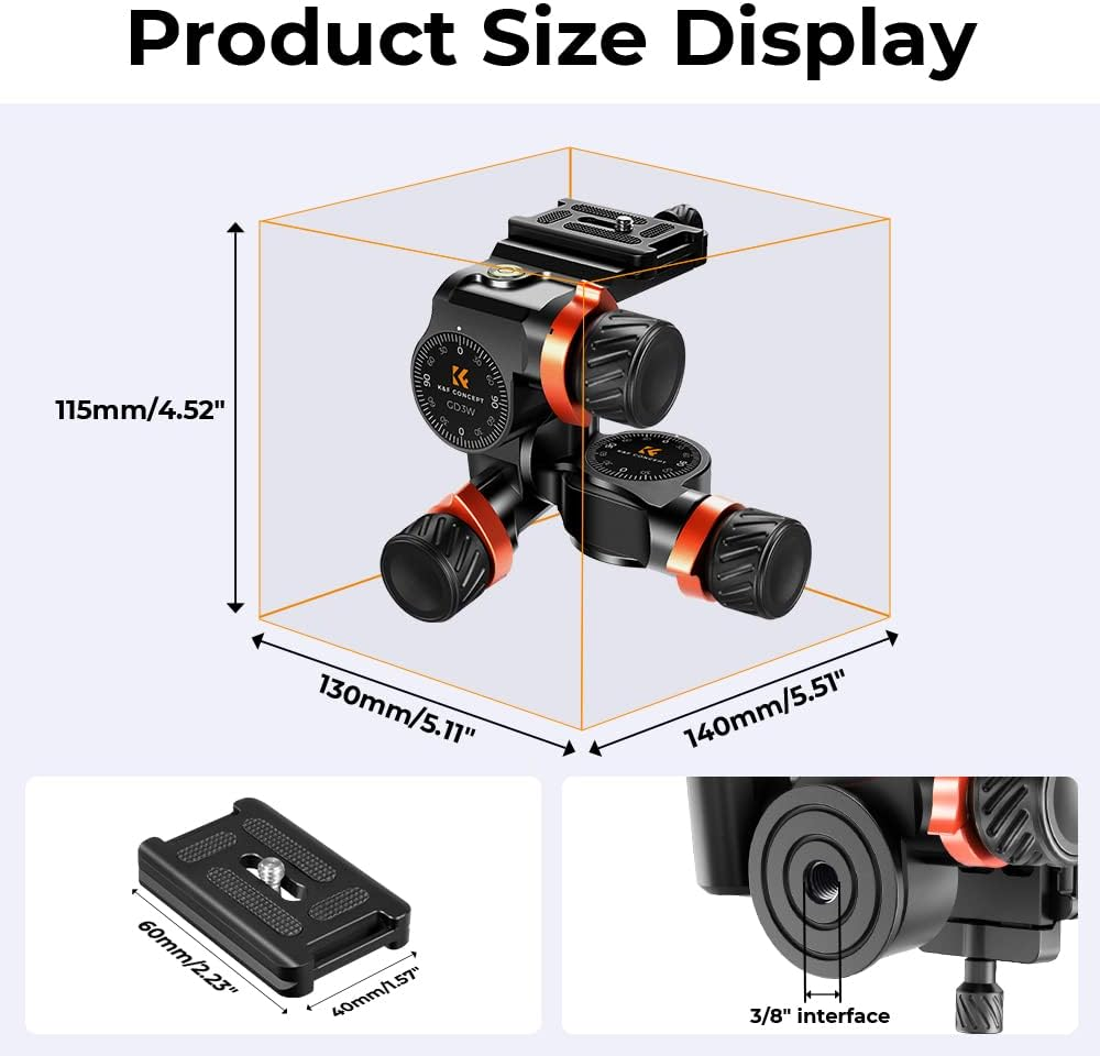 K&F Concept 3-Way Geared Tripod Head, Millimeter Micro-Adjustment, Full CNC Aluminum Alloy Tripod Head, Maximum Load Capacity of 6Kg for Star Shooting, Commercial Photography image number 2