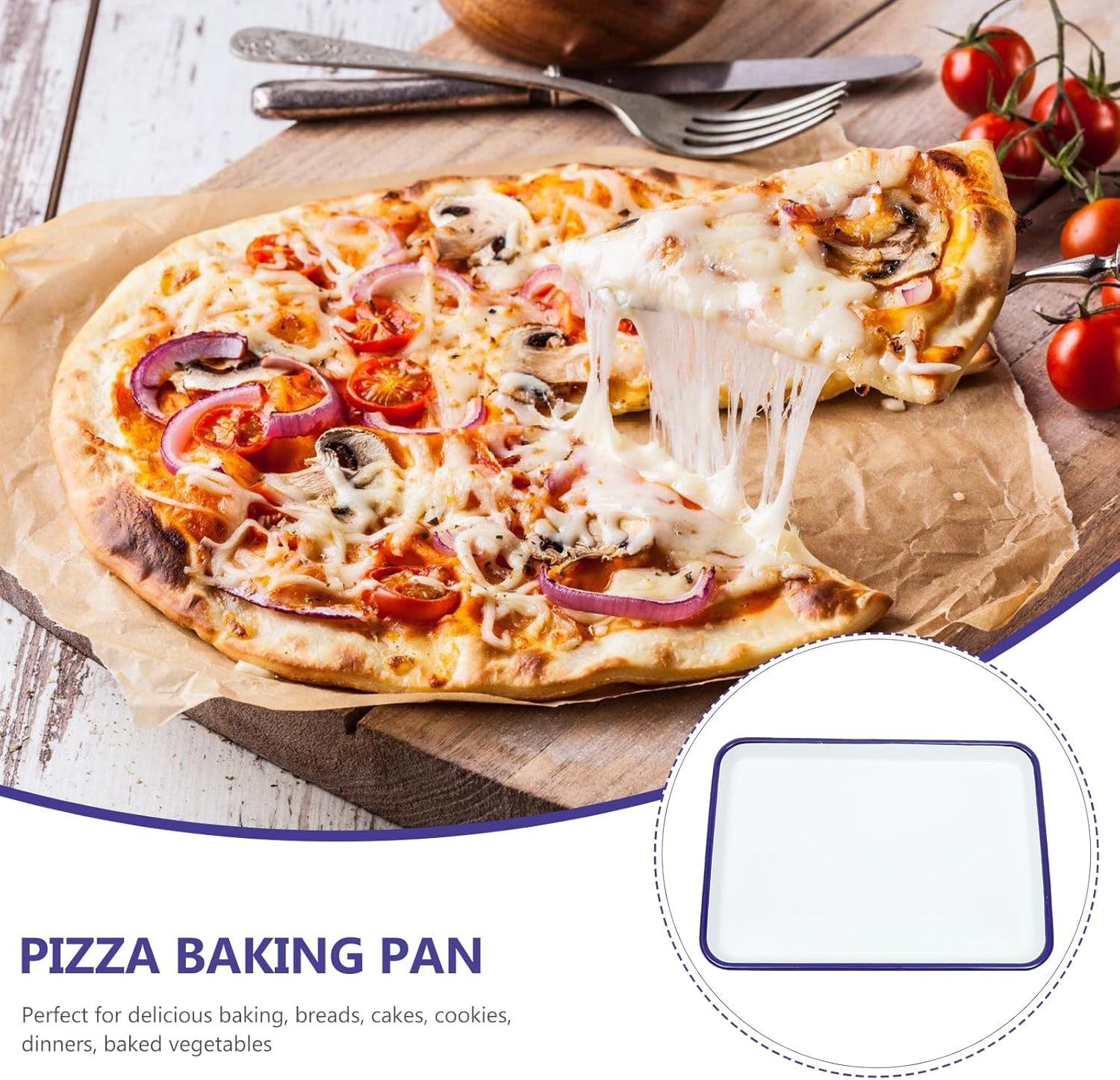 DECHOUS Enamelware Collection White Enamel Baking Cookie Sheet Pan with Blue Rim Rectangular Serving Tray Butcher Tray Dish 26X18Cm for Home Kitchen image number 2